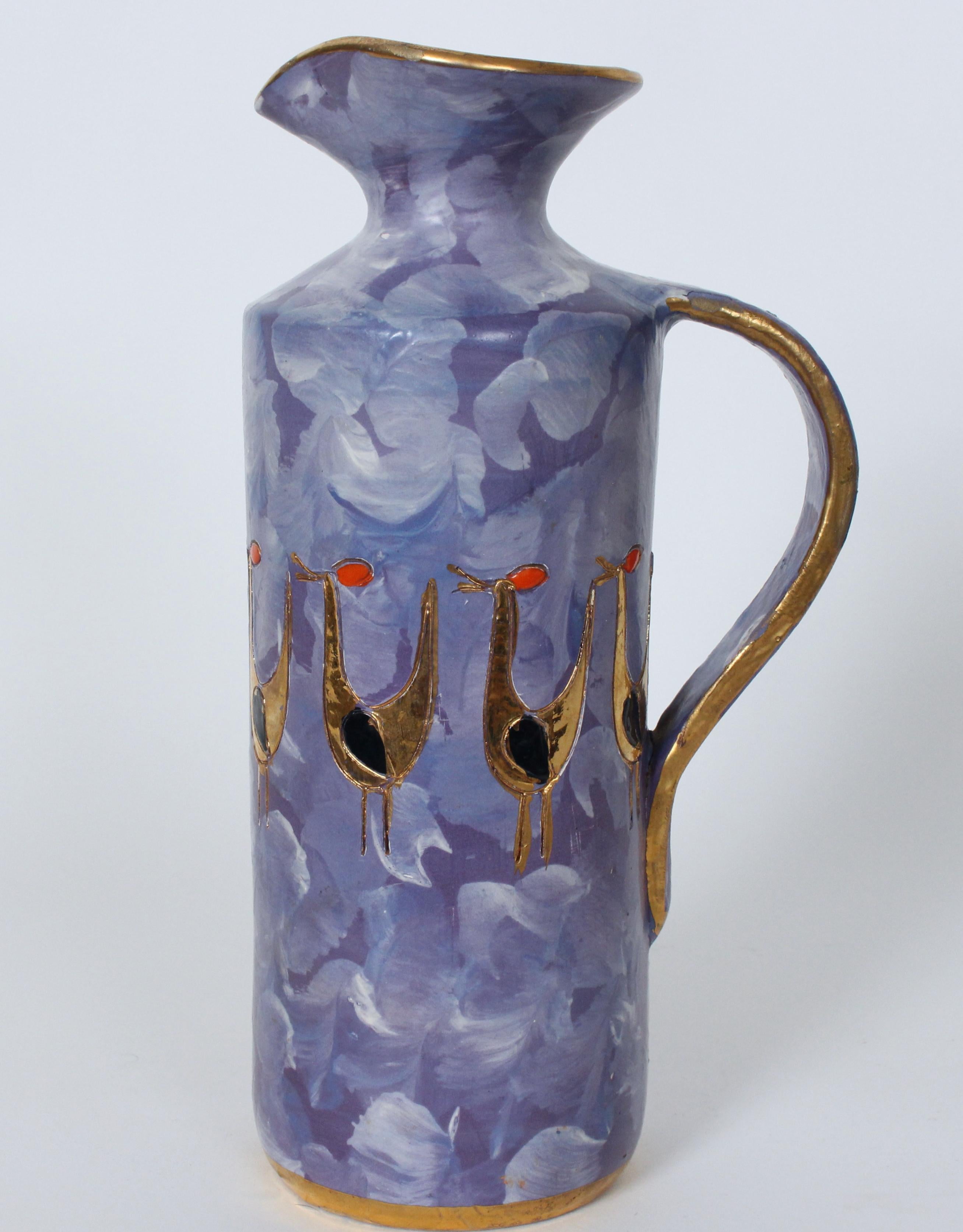 Aldo Londi for Bitossi Gilt Birds Glazed Pottery Handled Blue Pitcher For Sale 2