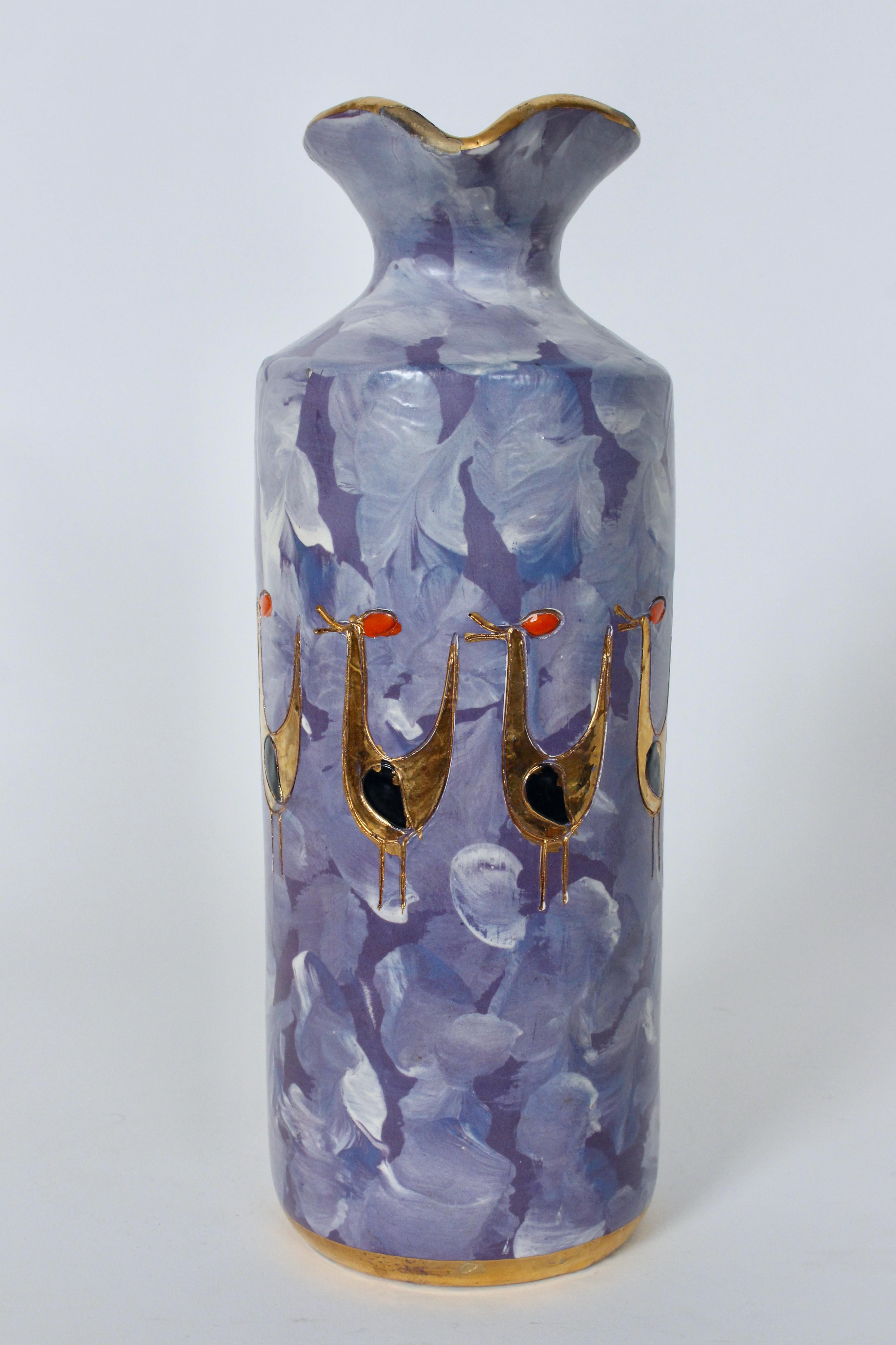 Aldo Londi for Bitossi Gilt Birds Glazed Pottery Handled Blue Pitcher For Sale 3