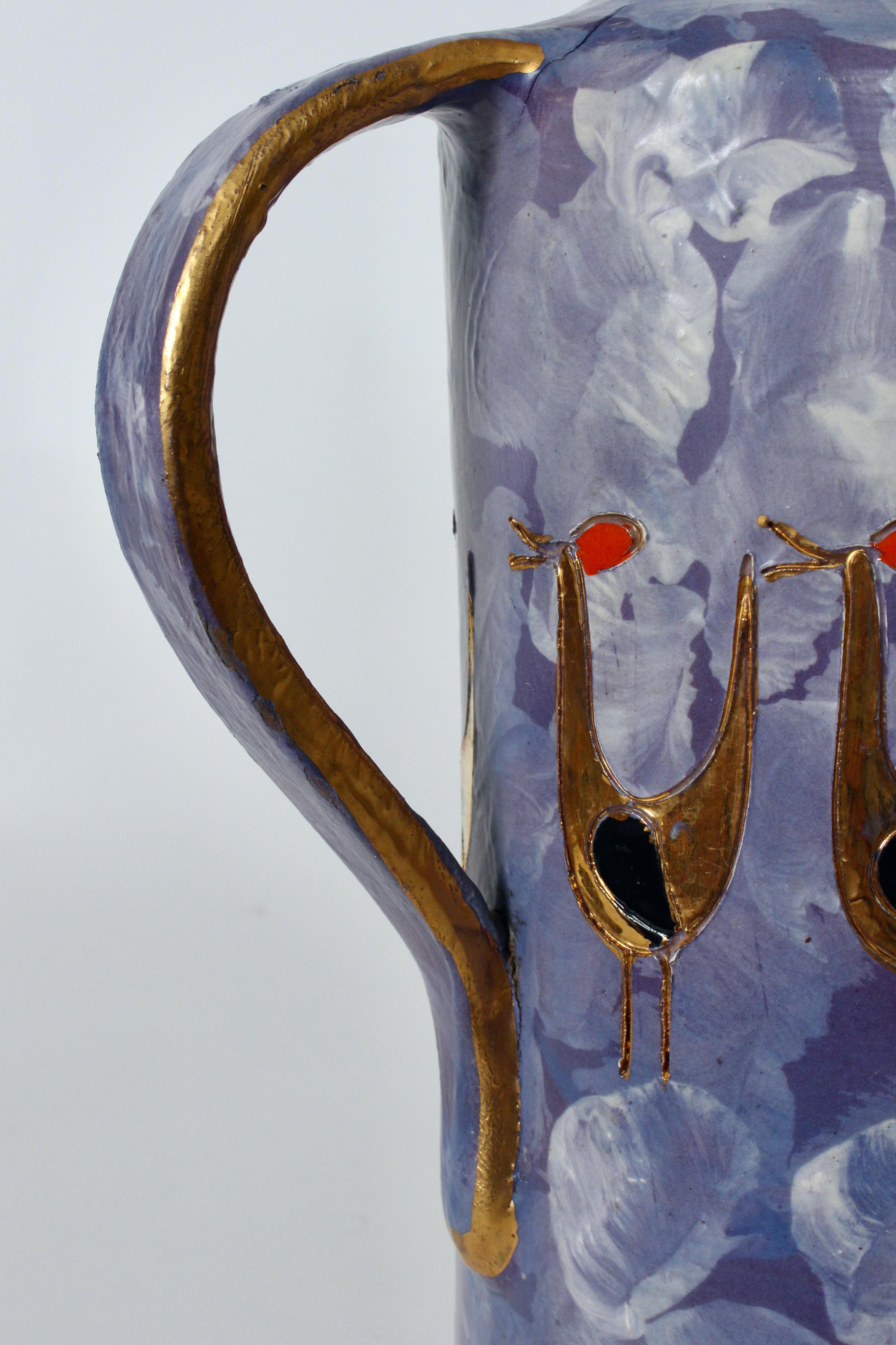 Aldo Londi for Bitossi Gilt Birds Glazed Pottery Handled Blue Pitcher For Sale 4