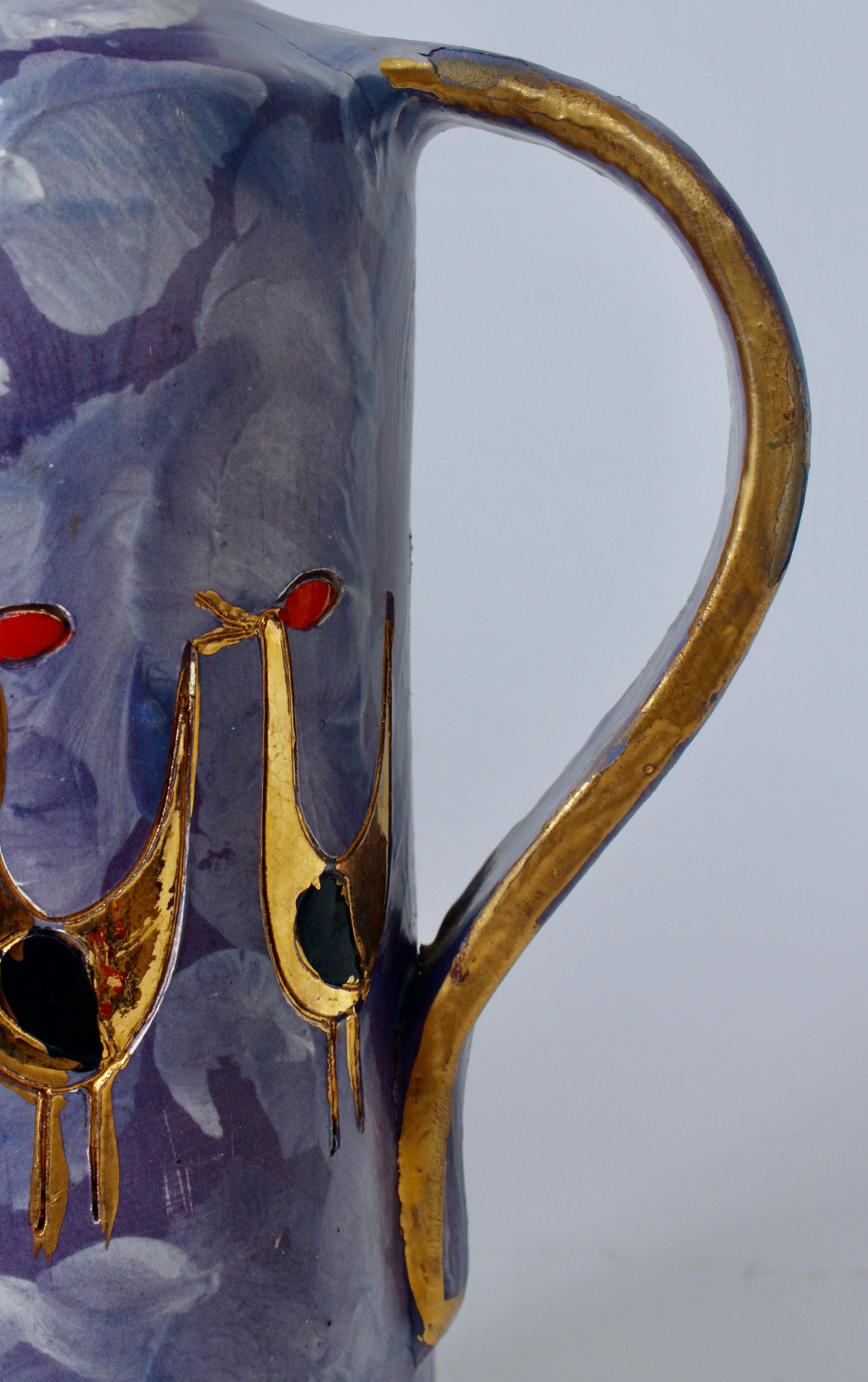 Aldo Londi for Bitossi Gilt Birds Glazed Pottery Handled Blue Pitcher For Sale 5