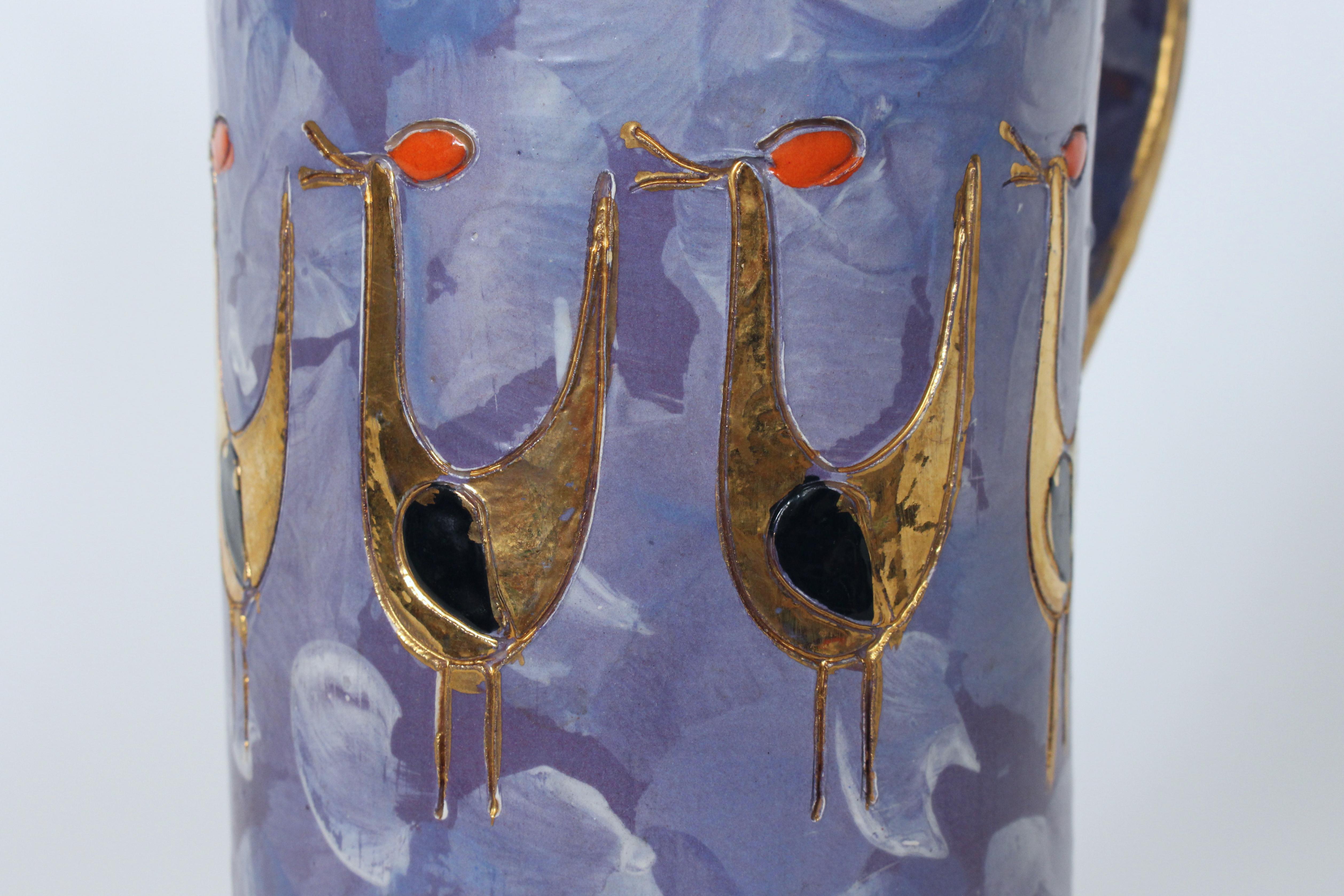 Aldo Londi for Bitossi Gilt Birds Glazed Pottery Handled Blue Pitcher For Sale 7