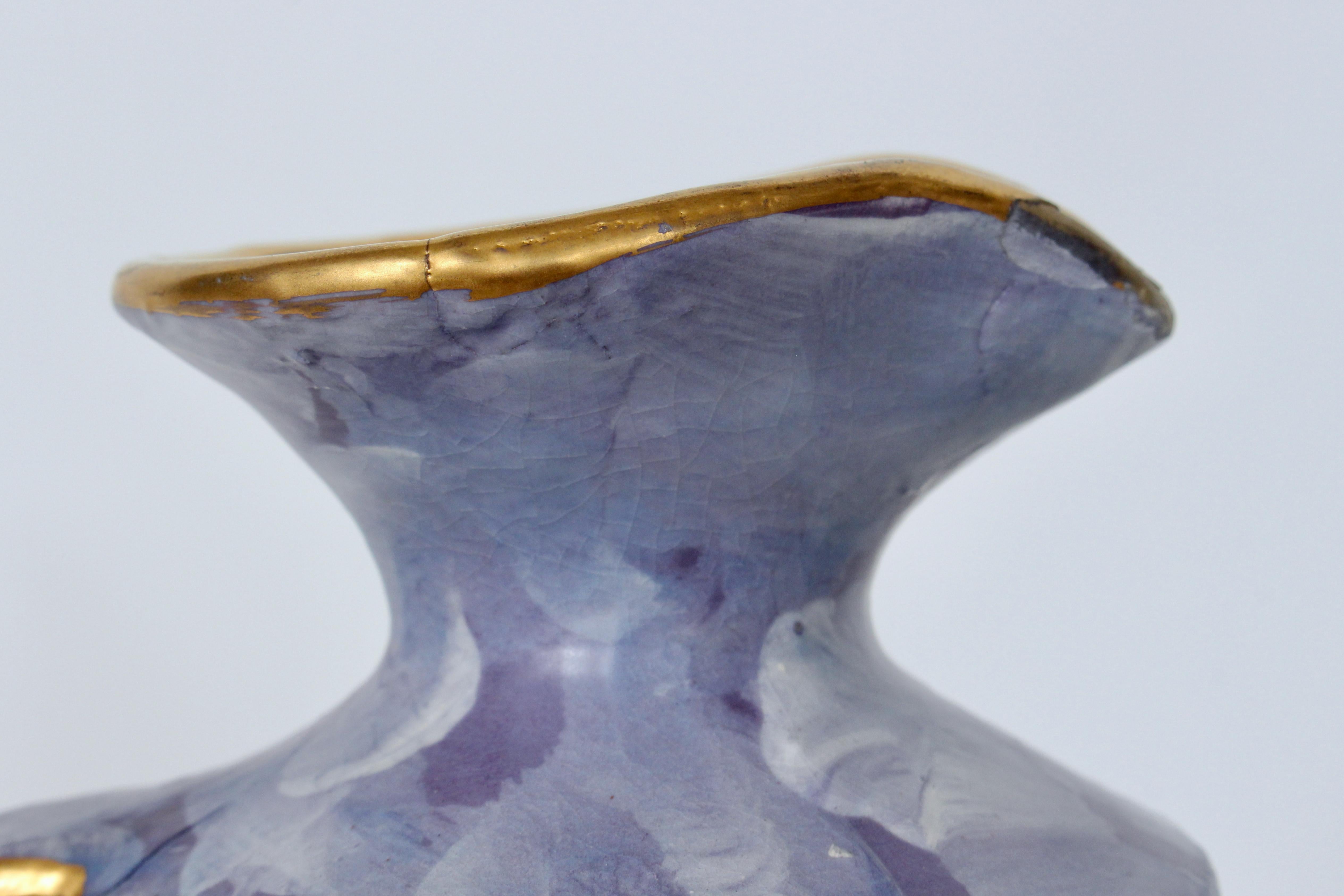Aldo Londi for Bitossi Gilt Birds Glazed Pottery Handled Blue Pitcher For Sale 8