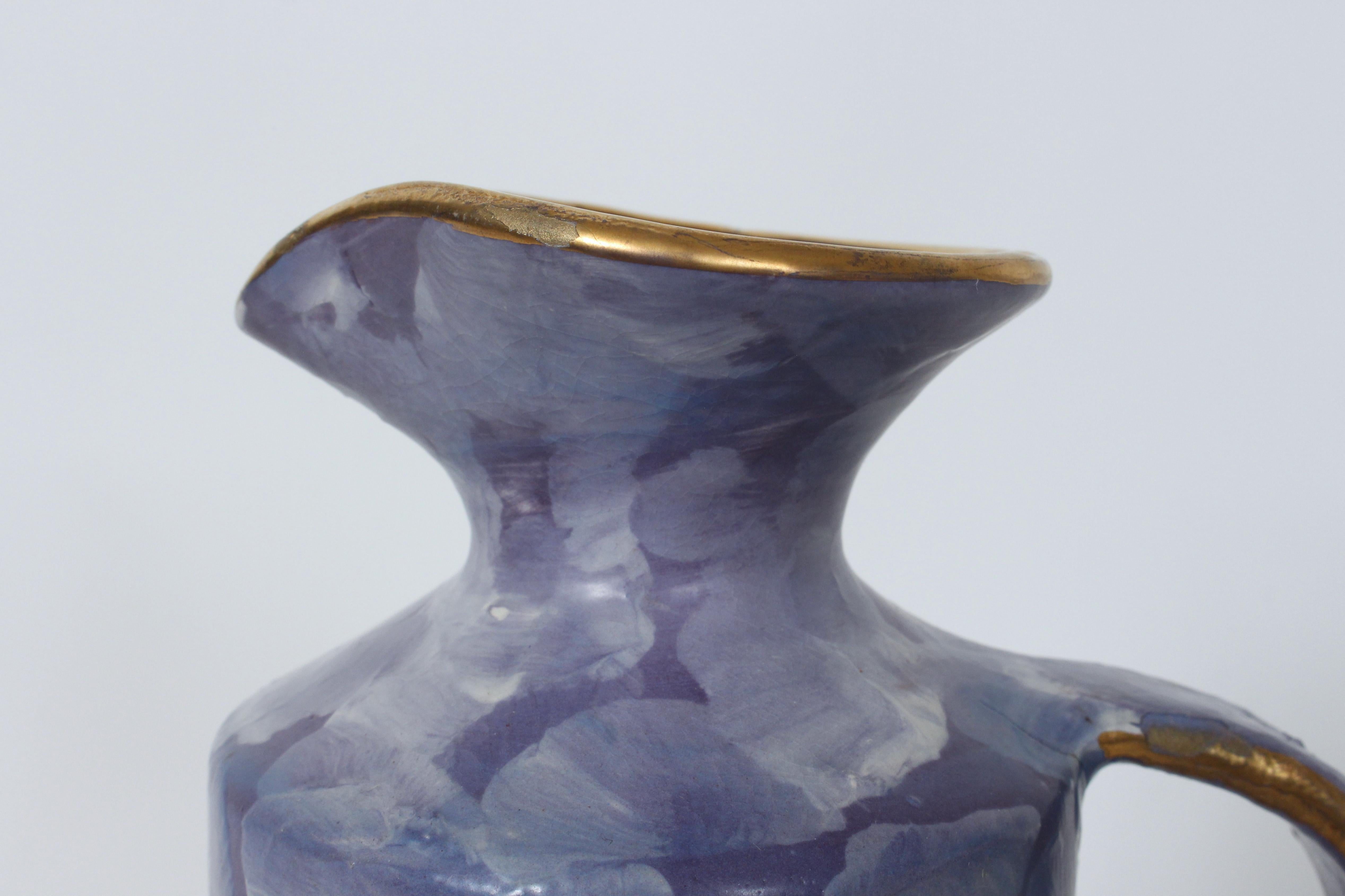 Aldo Londi for Bitossi Gilt Birds Glazed Pottery Handled Blue Pitcher For Sale 9