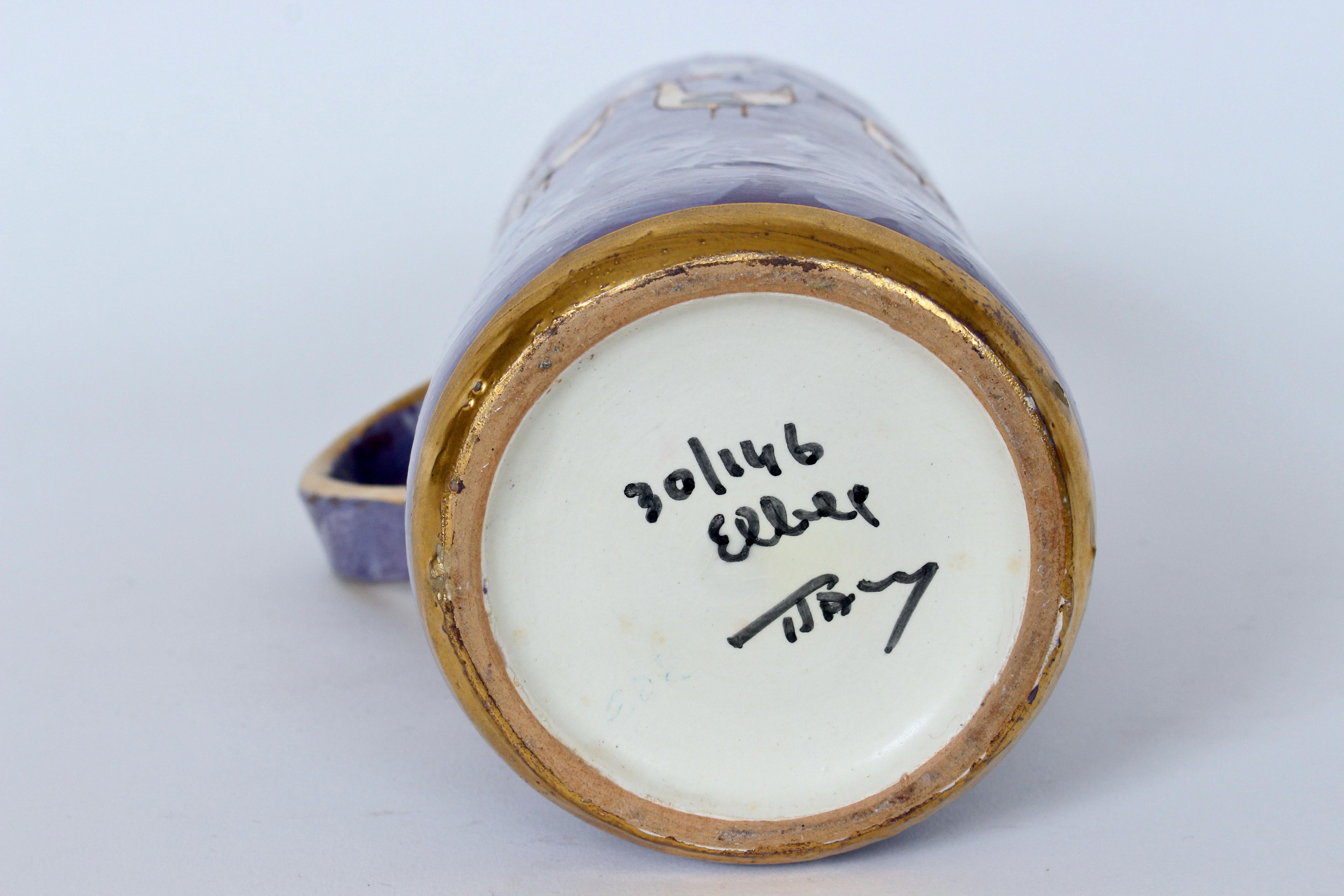 Aldo Londi for Bitossi Gilt Birds Glazed Pottery Handled Blue Pitcher For Sale 10