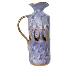 Aldo Londi para Bitossi Jarra azul con asa de cerámica esmaltada con pájaros dorados