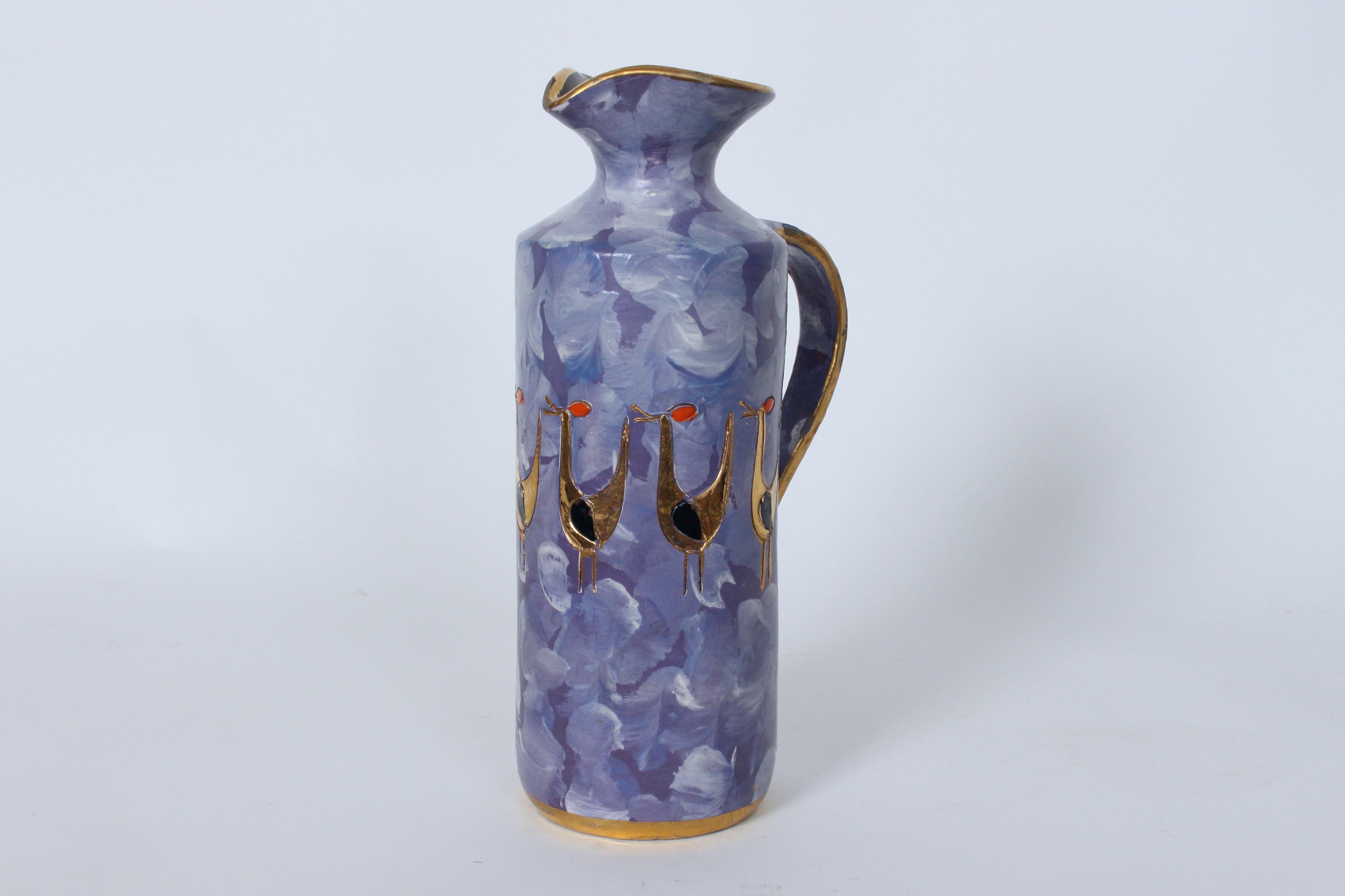 Mid-Century Modern Aldo Londi for Bitossi Gilt Birds Glazed Pottery Handled Blue Pitcher For Sale