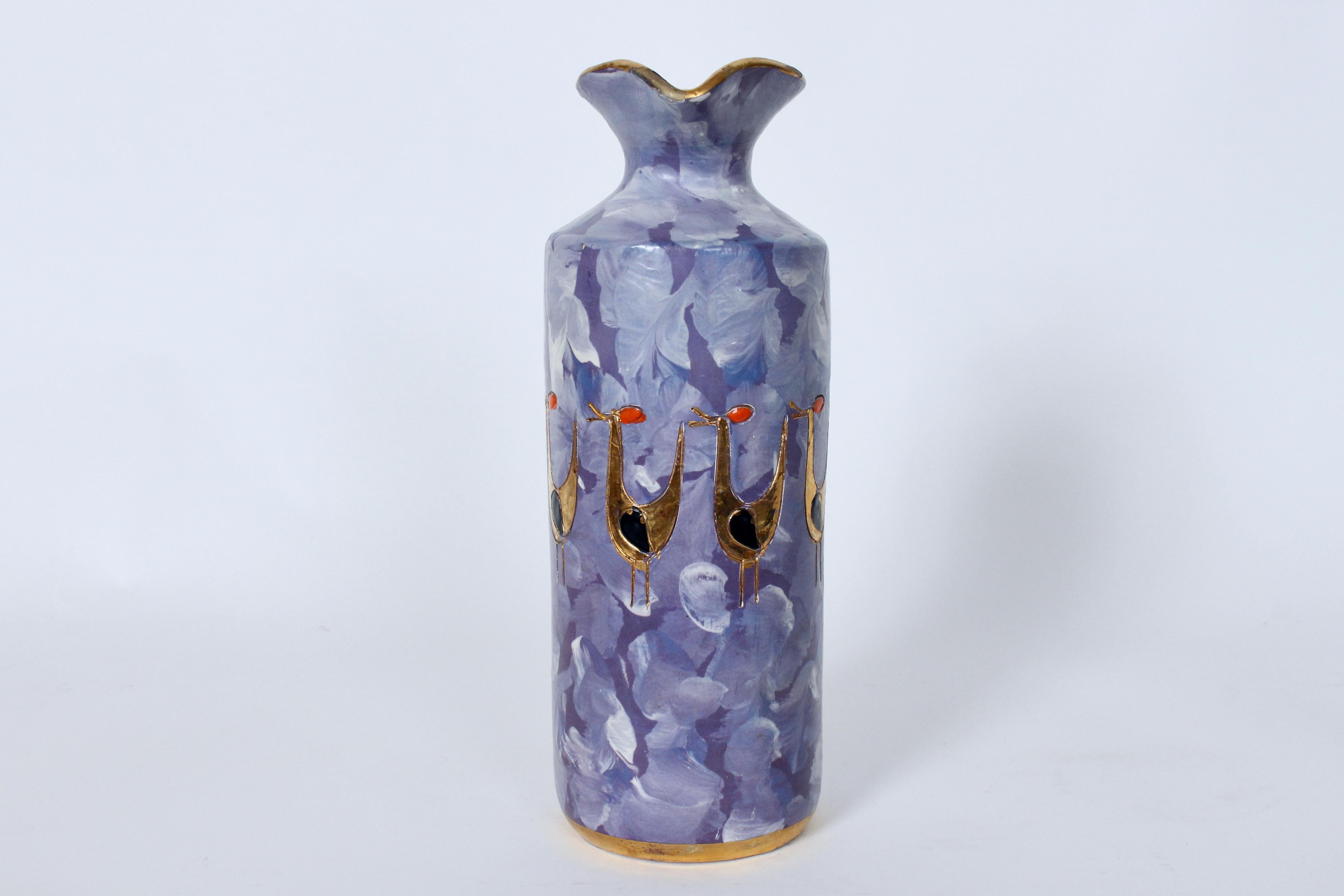 Italian Aldo Londi for Bitossi Gilt Birds Glazed Pottery Handled Blue Pitcher For Sale