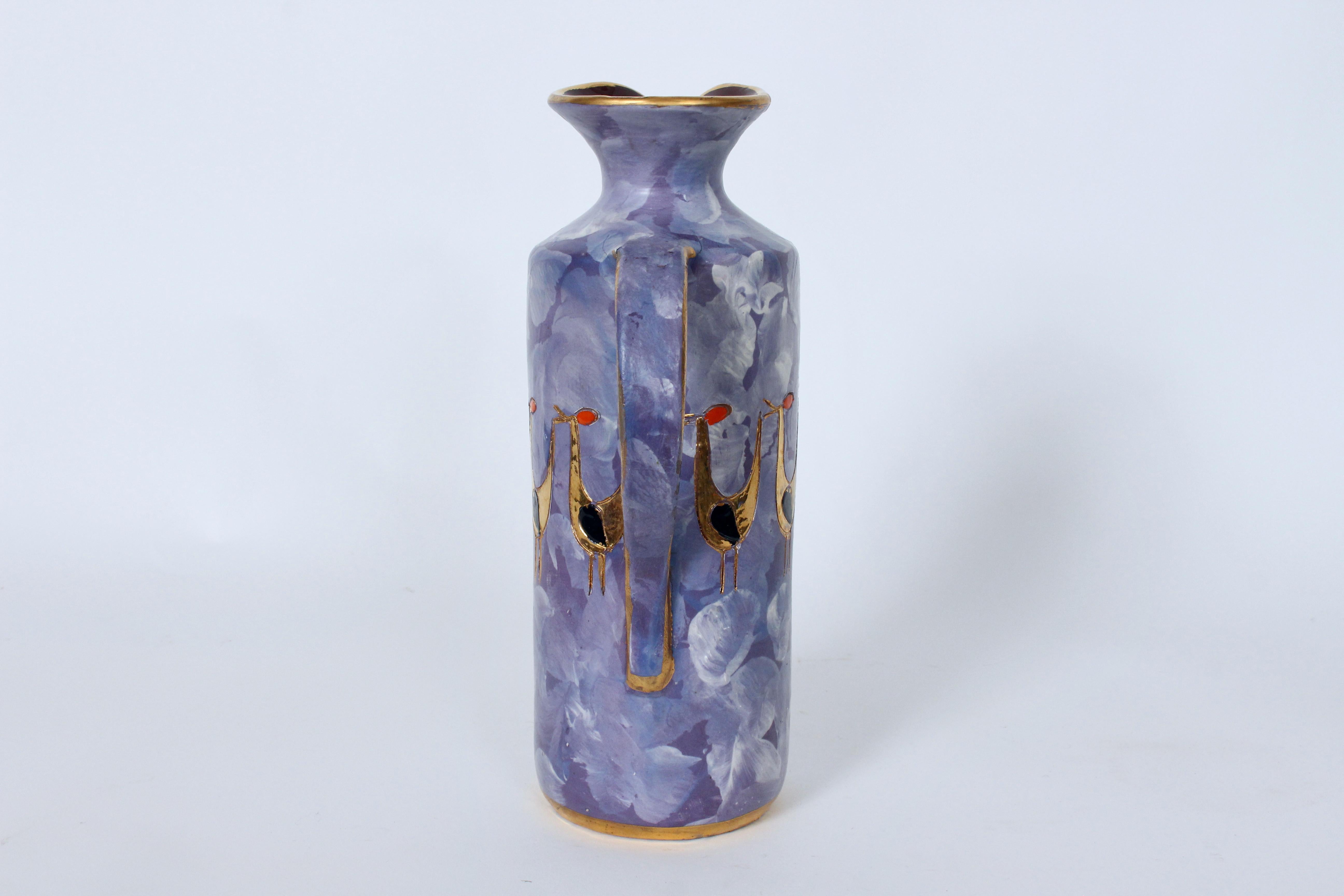 Aldo Londi for Bitossi Gilt Birds Glazed Pottery Handled Blue Pitcher In Good Condition For Sale In Bainbridge, NY