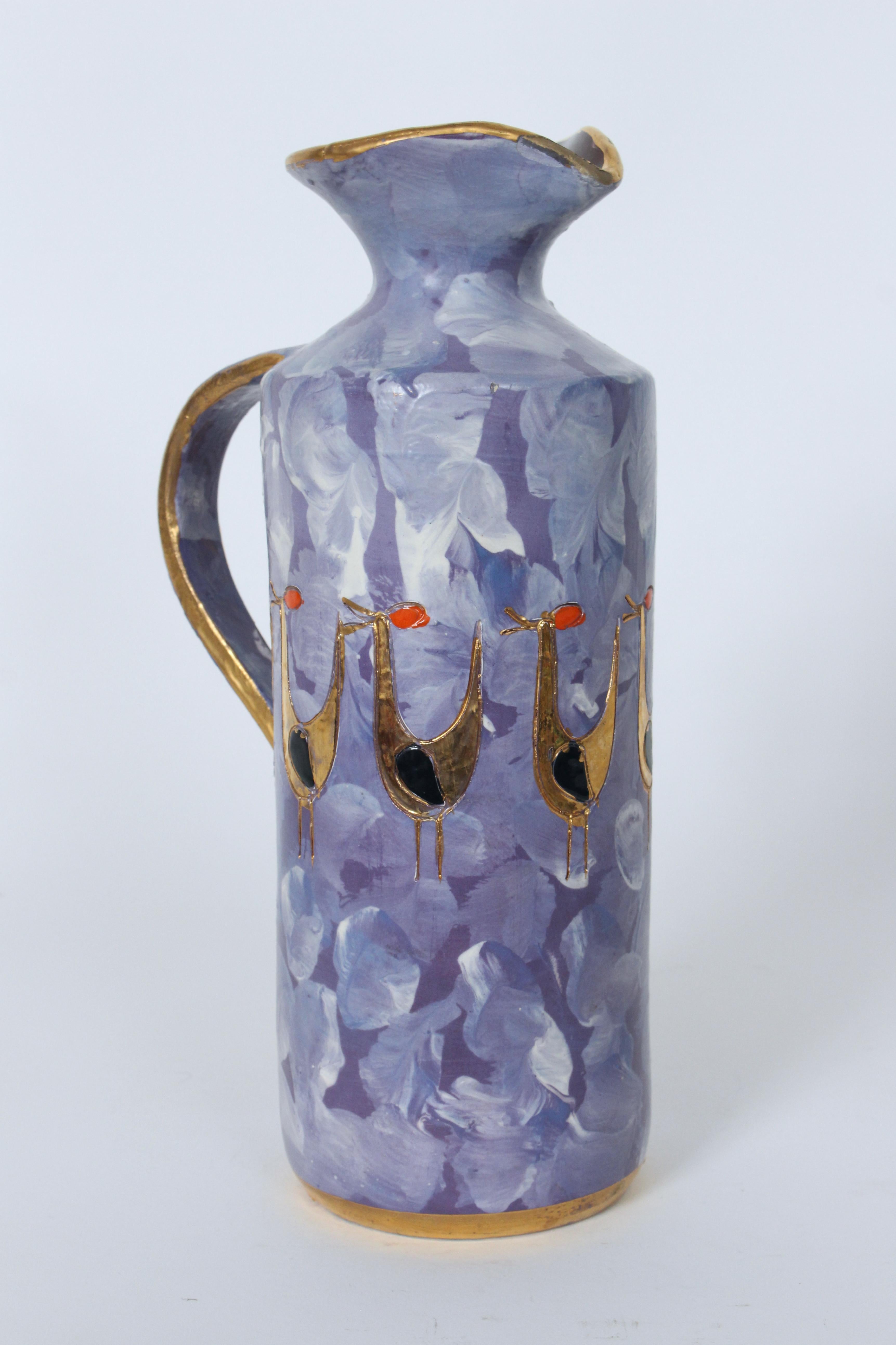 Mid-20th Century Aldo Londi for Bitossi Gilt Birds Glazed Pottery Handled Blue Pitcher For Sale