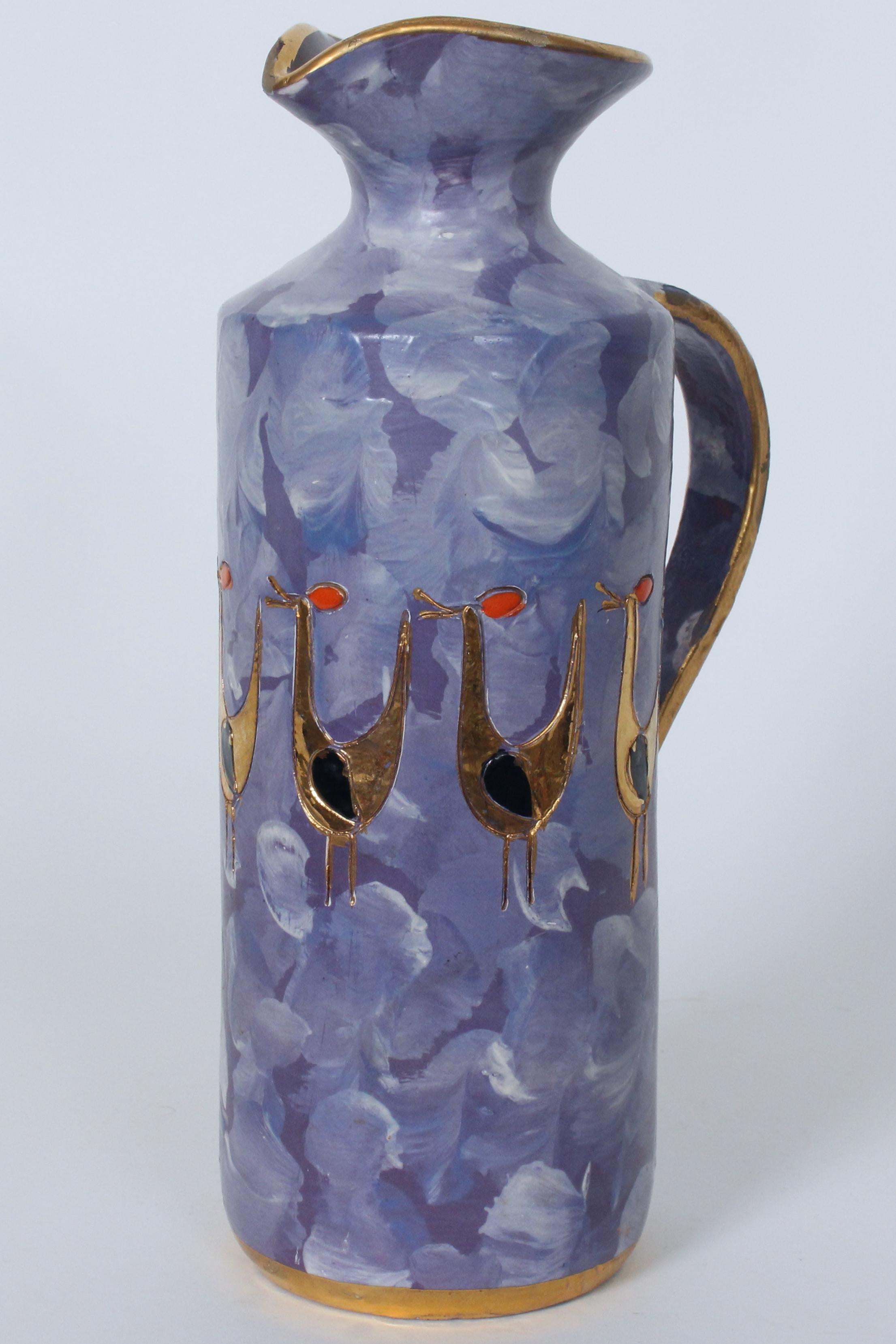 Aldo Londi for Bitossi Gilt Birds Glazed Pottery Handled Blue Pitcher For Sale 1