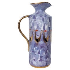 Aldo Londi for Bitossi Gilt Birds Glazed Pottery Handled Blue Pitcher