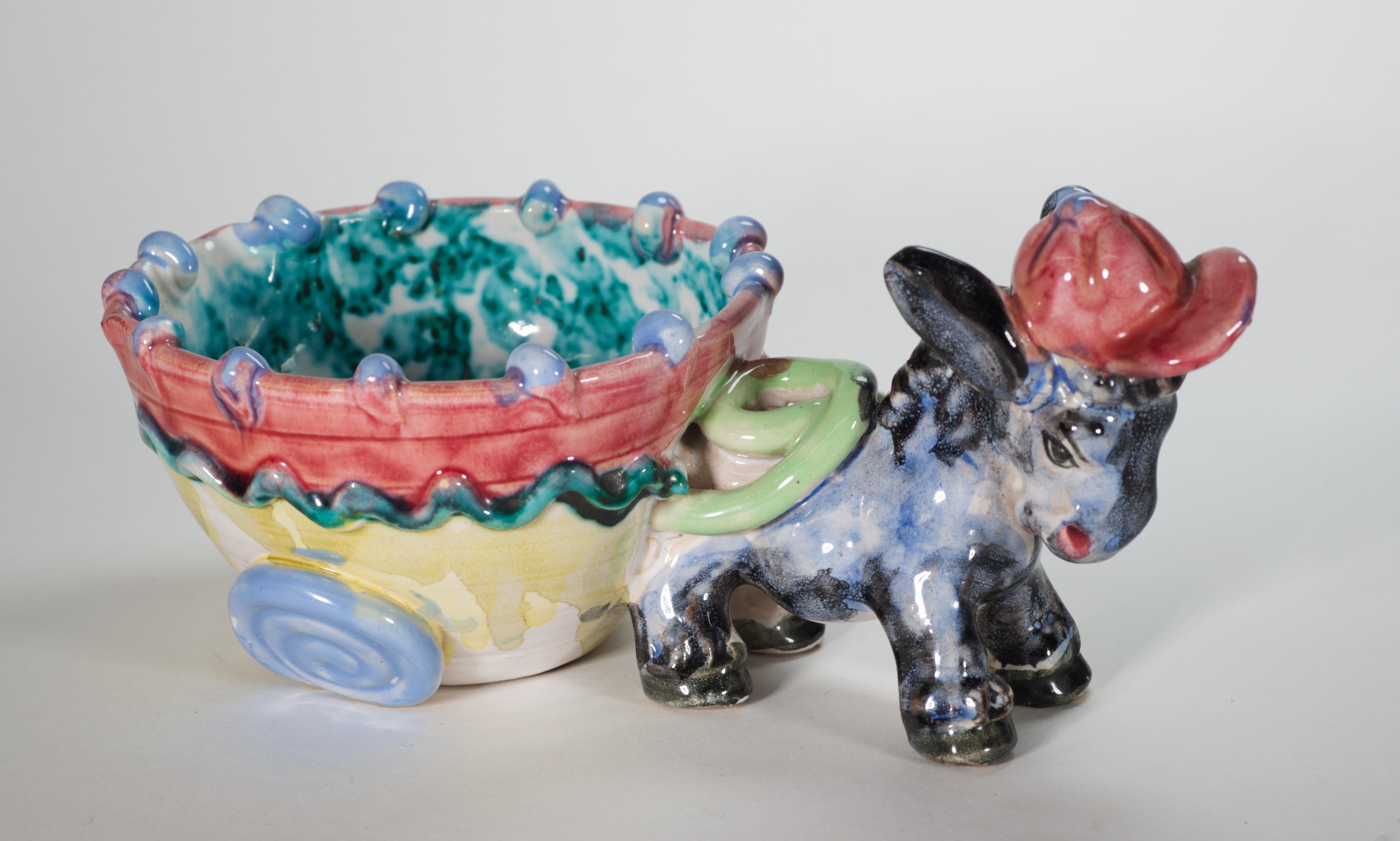 Mid-Century Modern Bol en majolique Fratelli Fanciullacci, âne avec chariot, Italie, milieu du siècle dernier en vente