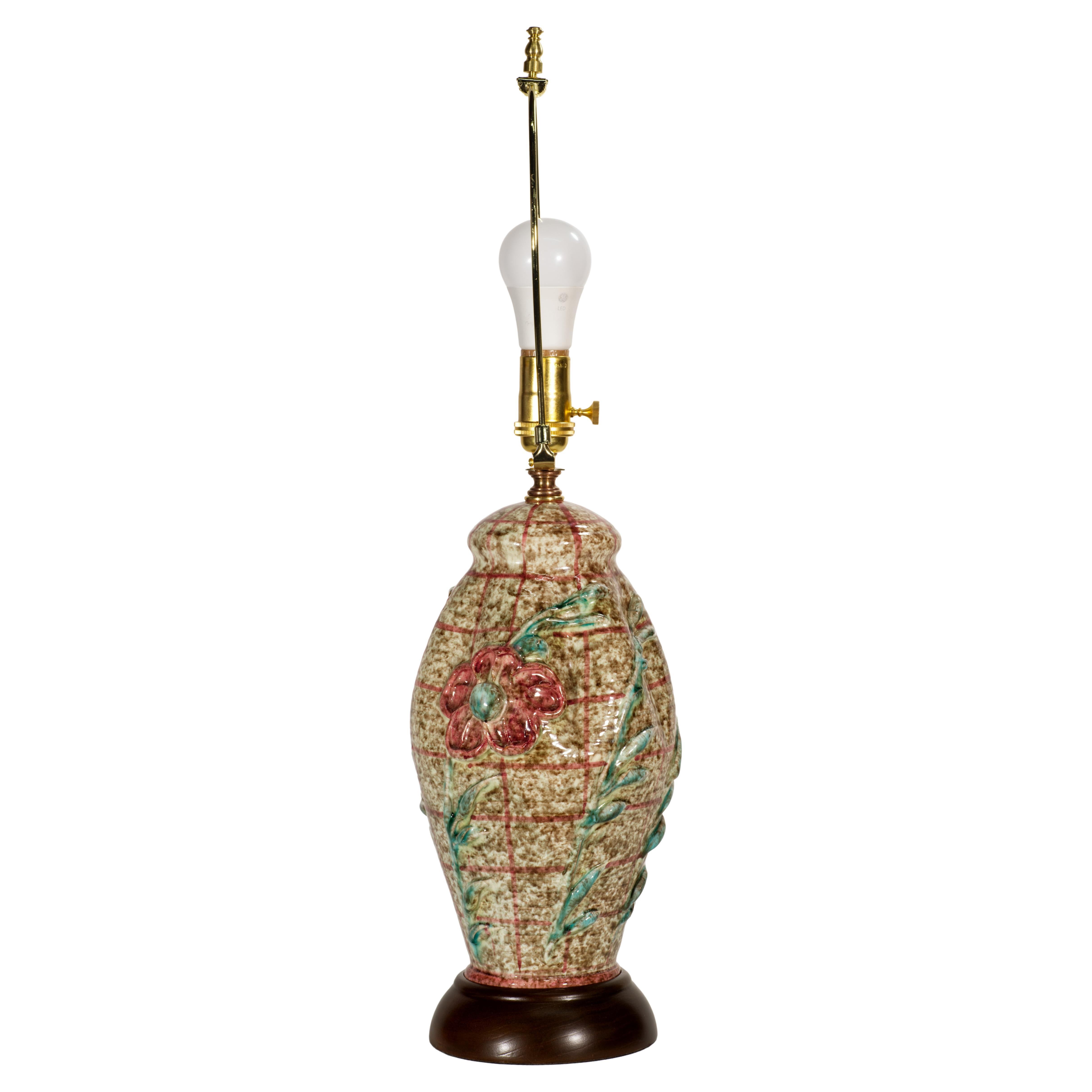 Fratelli Fanciullacci Majolica Table Lamp, Signed, Brown & Red Flower Reliefs