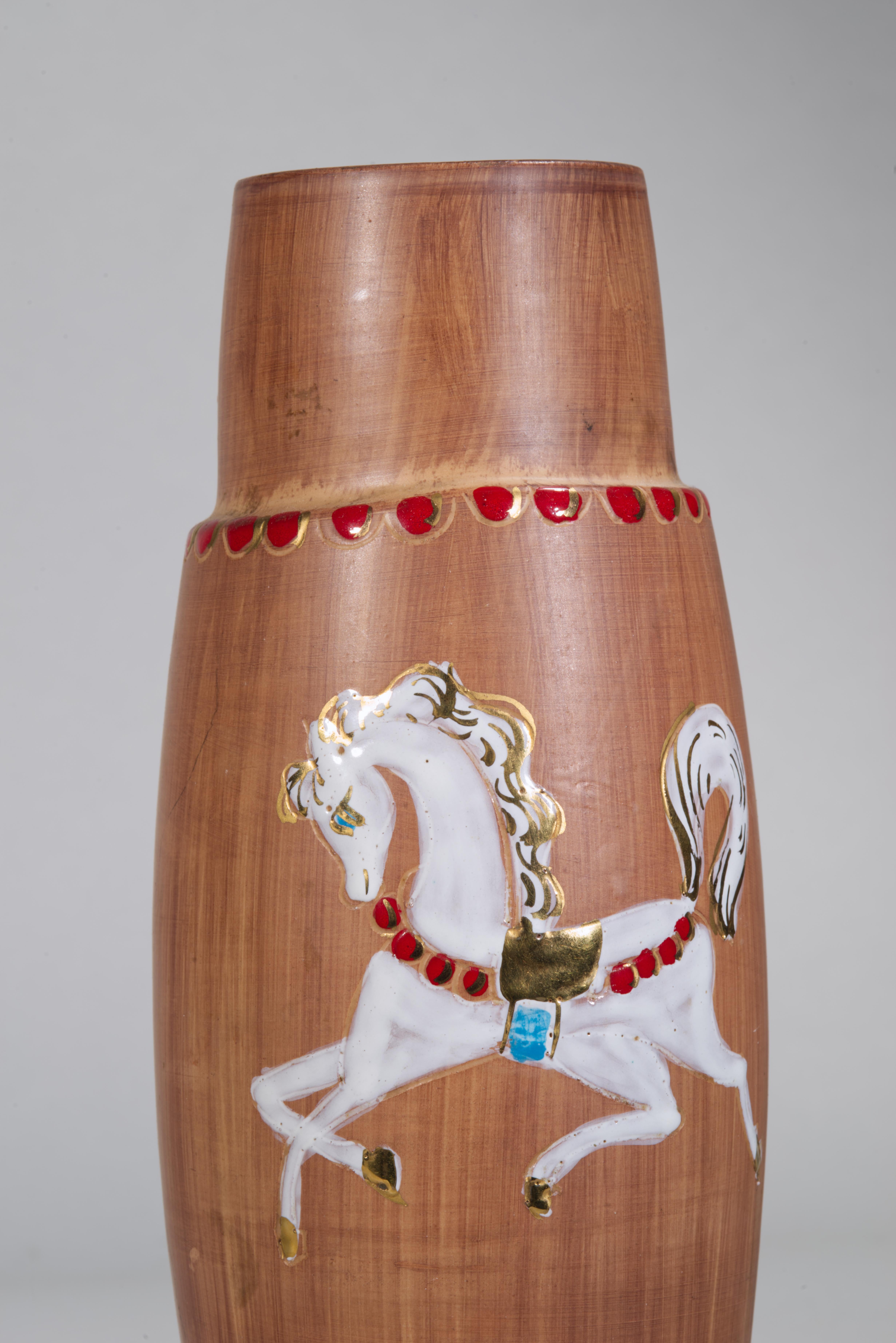 Fratelli Fanciullacci Majolika Vase Pferd Dekor, Italien 1950er-1960er (Moderne der Mitte des Jahrhunderts) im Angebot