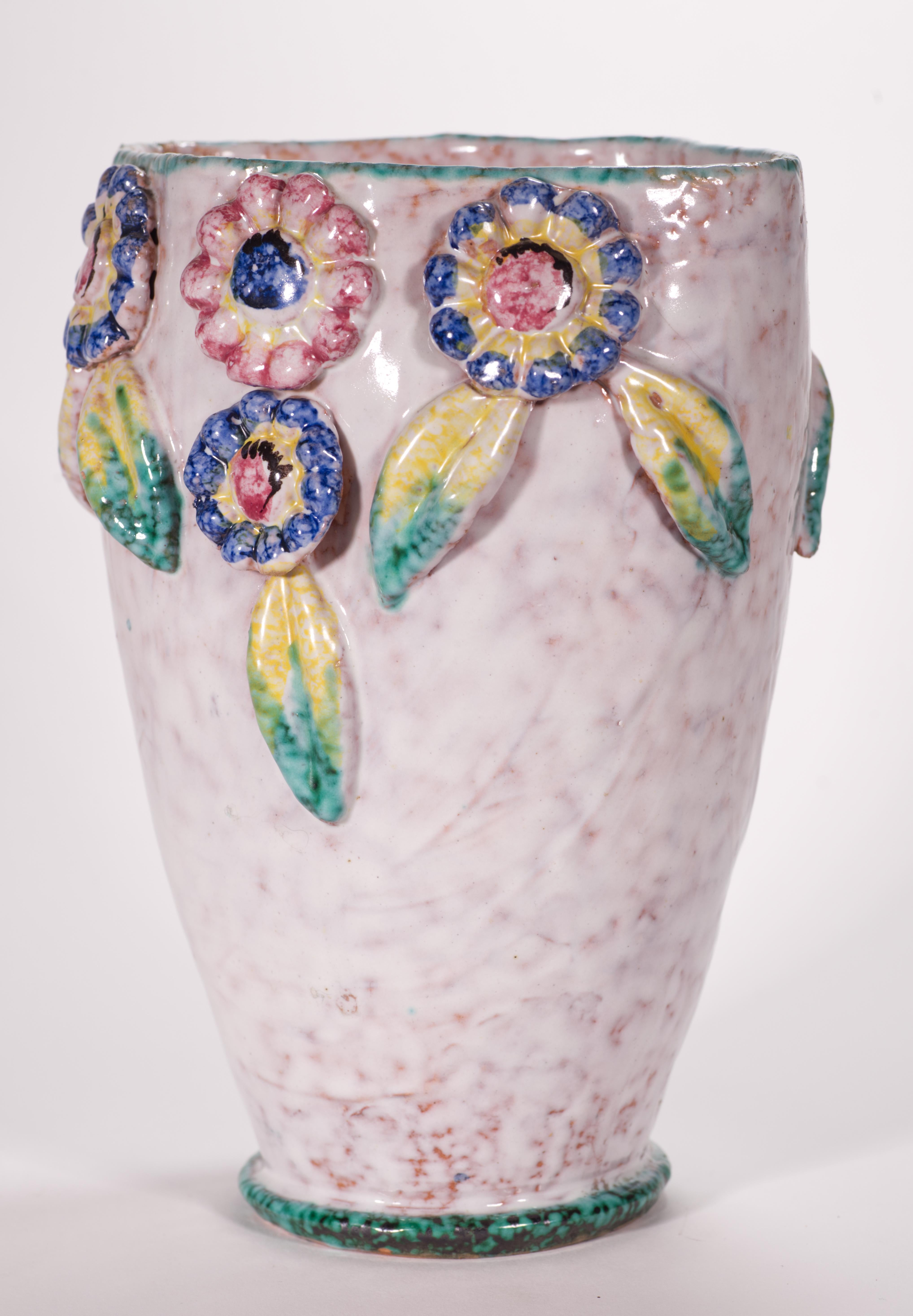 Mid-Century Modern Fratelli Fanciullacci Majolica Vase with Floral Decor, Italy Mid Century For Sale