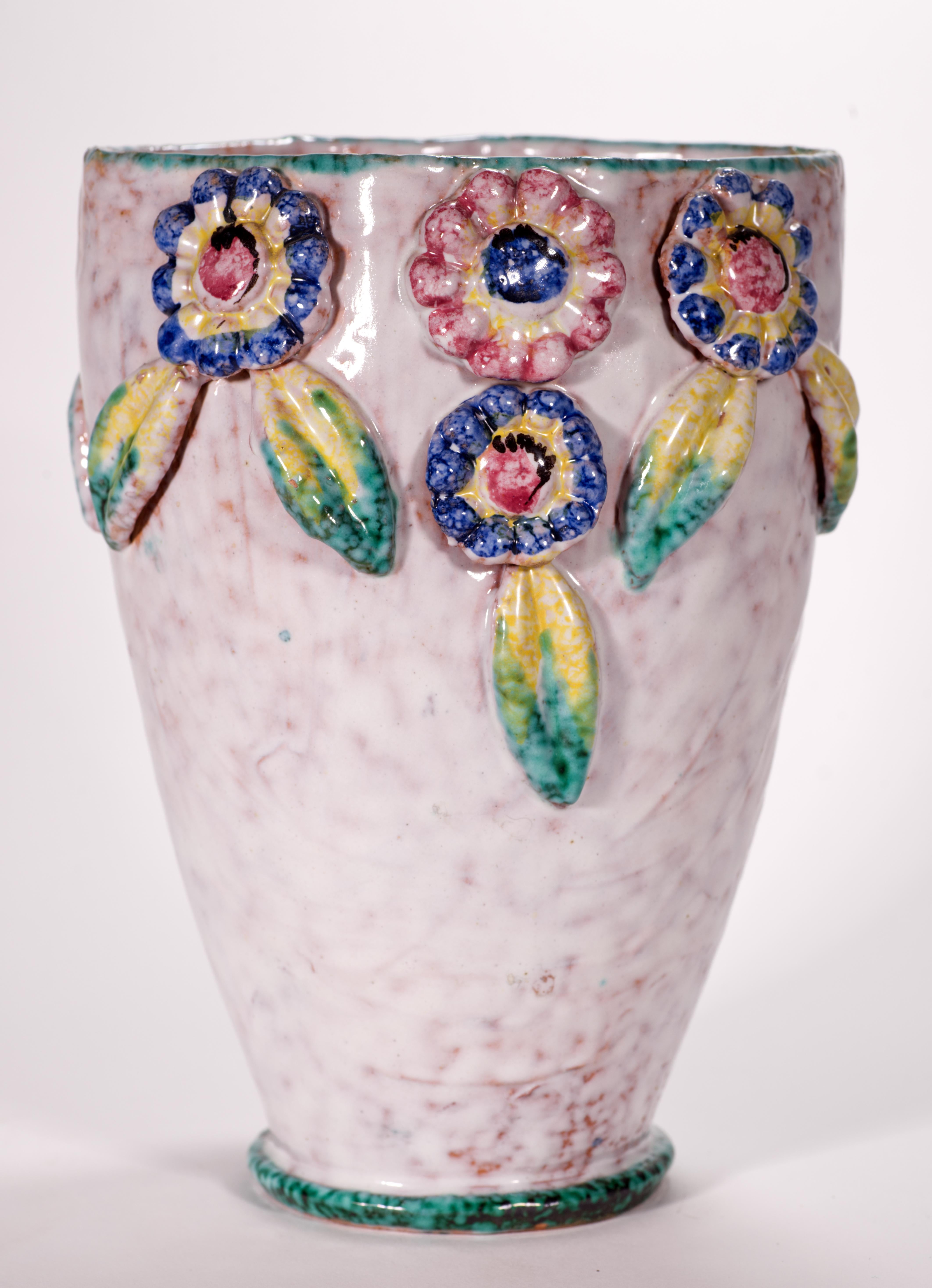 Italian Fratelli Fanciullacci Majolica Vase with Floral Decor, Italy Mid Century For Sale