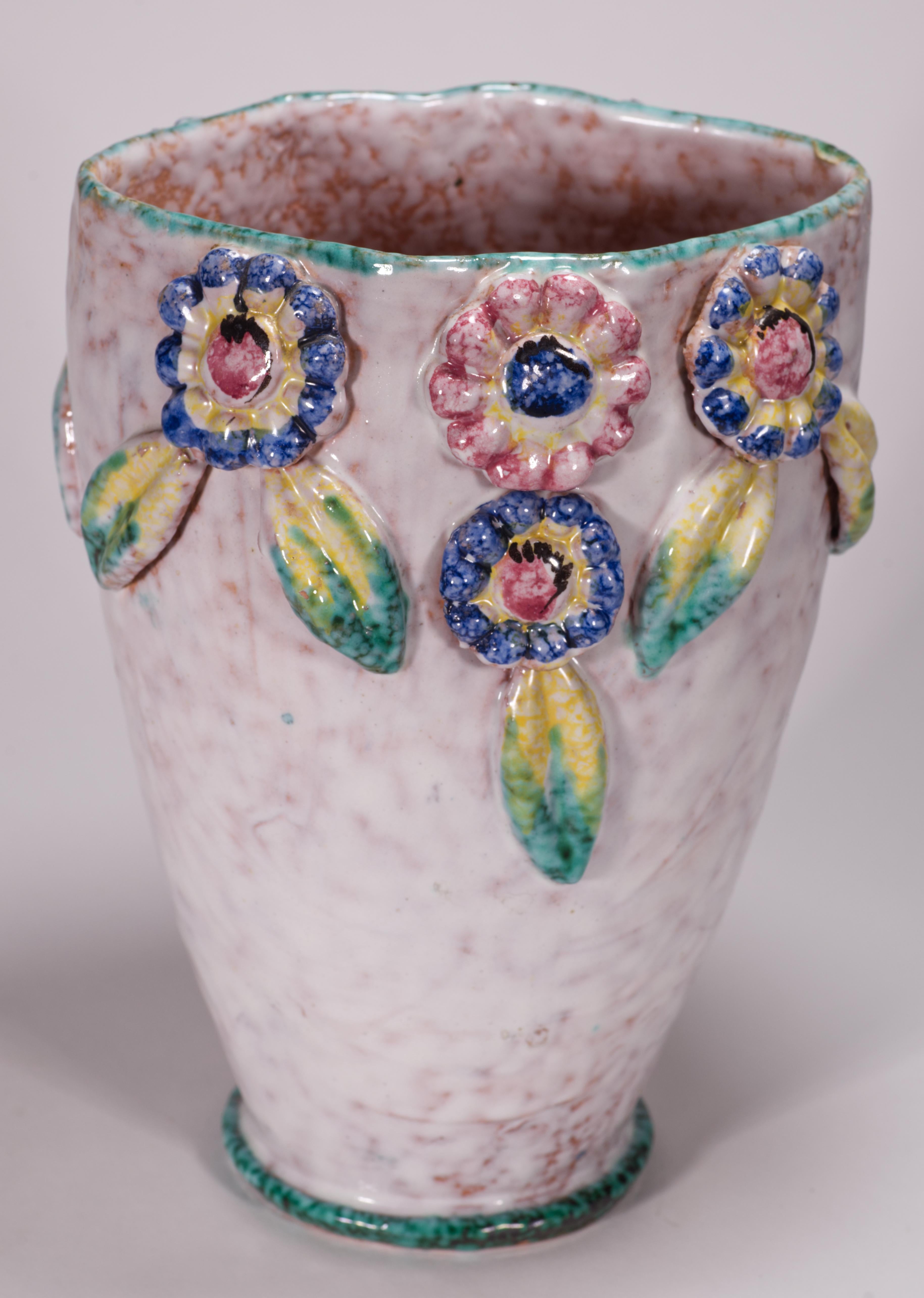 Glazed Fratelli Fanciullacci Majolica Vase with Floral Decor, Italy Mid Century For Sale