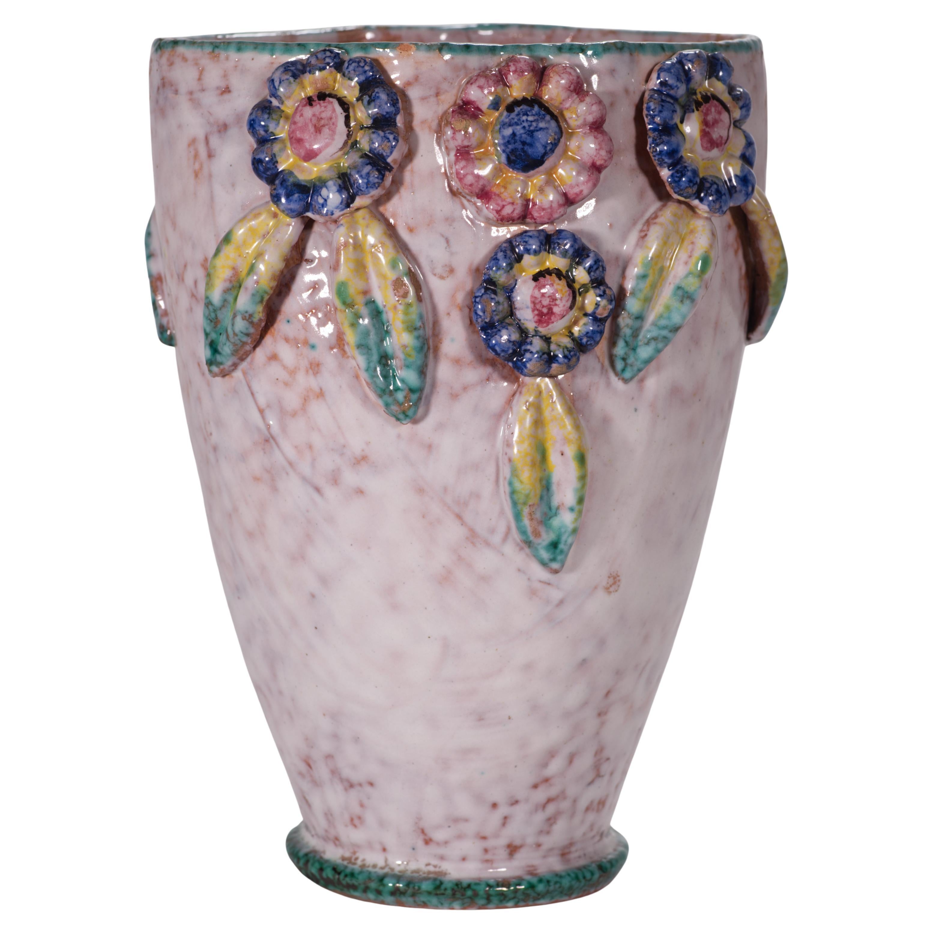 Fratelli Fanciullacci Majolica Vase with Floral Decor, Italy Mid Century