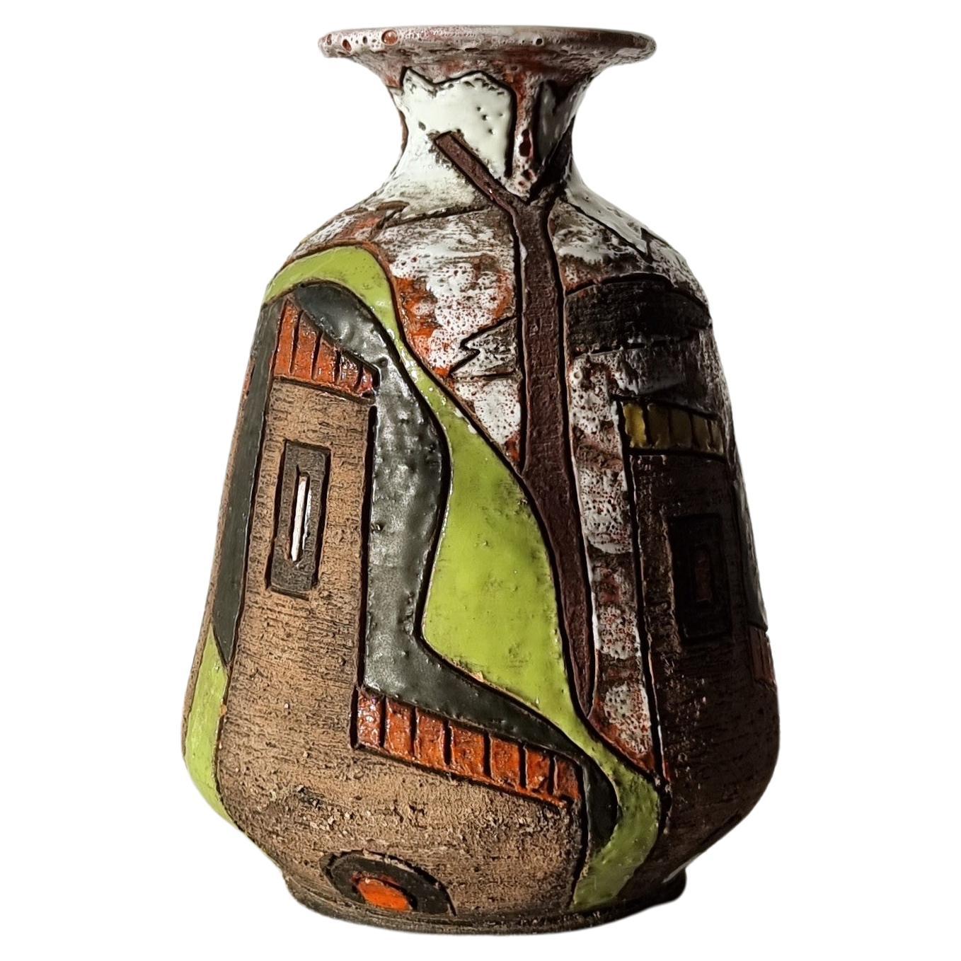Fratelli Fanciullacci, Stylised Town Series, Sgraffito, Gloss & Lava Glaze Vase For Sale