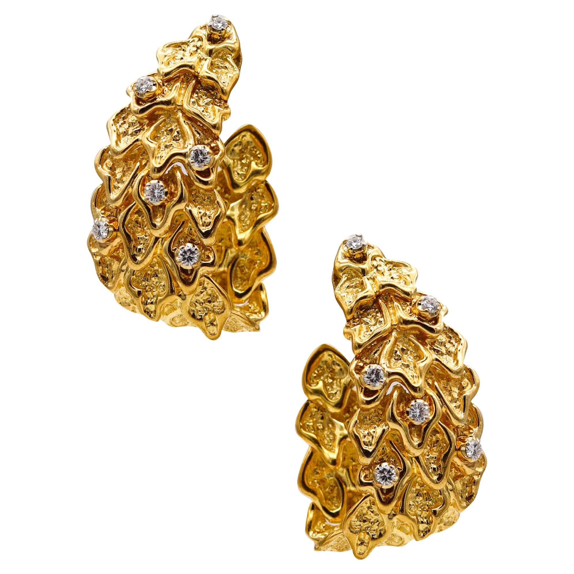 Fratelli Gaspari Retro Modern Hoops In 18Kt Gold With 2.04 Cts In Diamonds For Sale