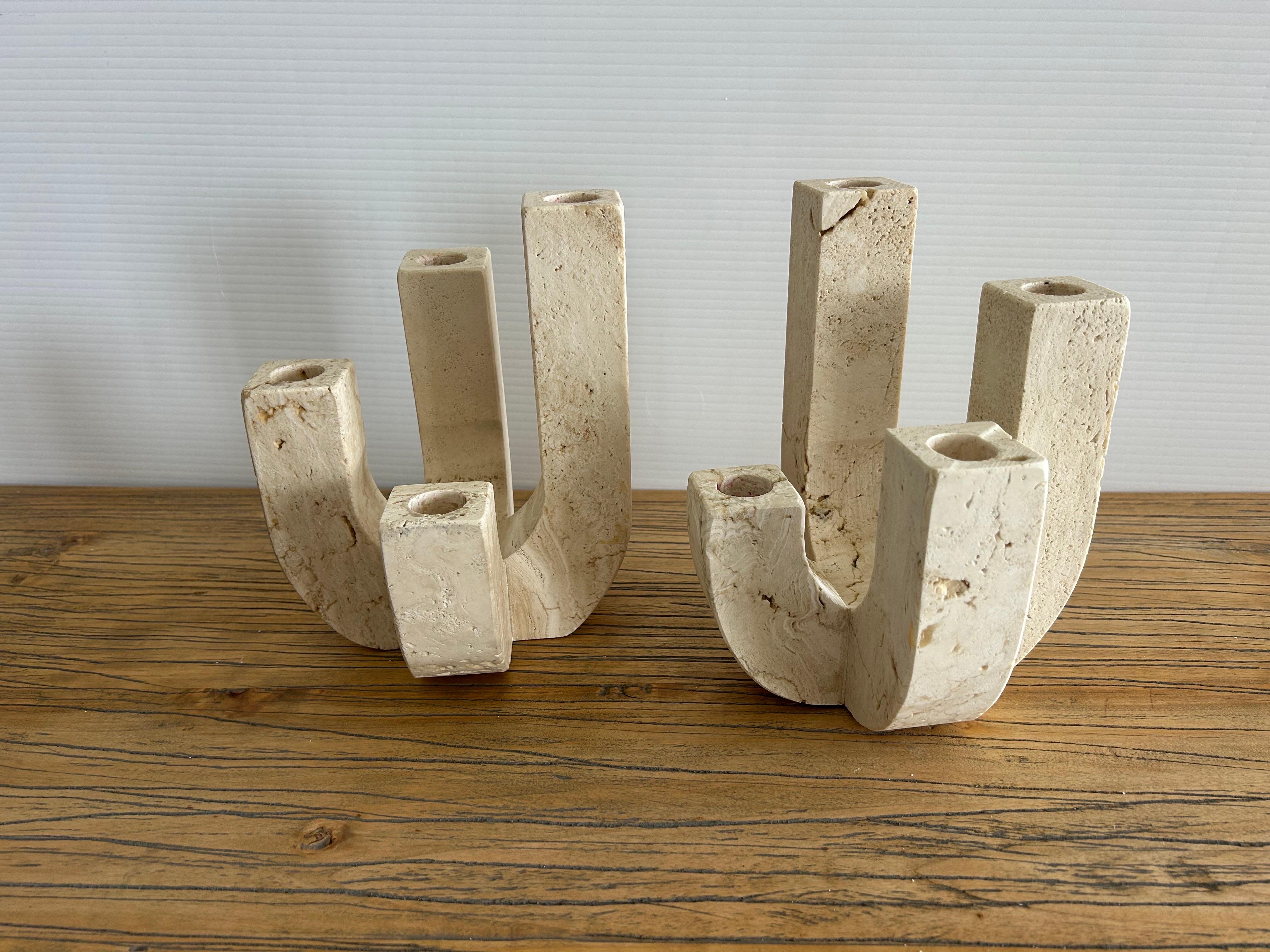 Brutalist Fratelli Mannelli  A pair  of travertine four arm   Candleholders For Sale
