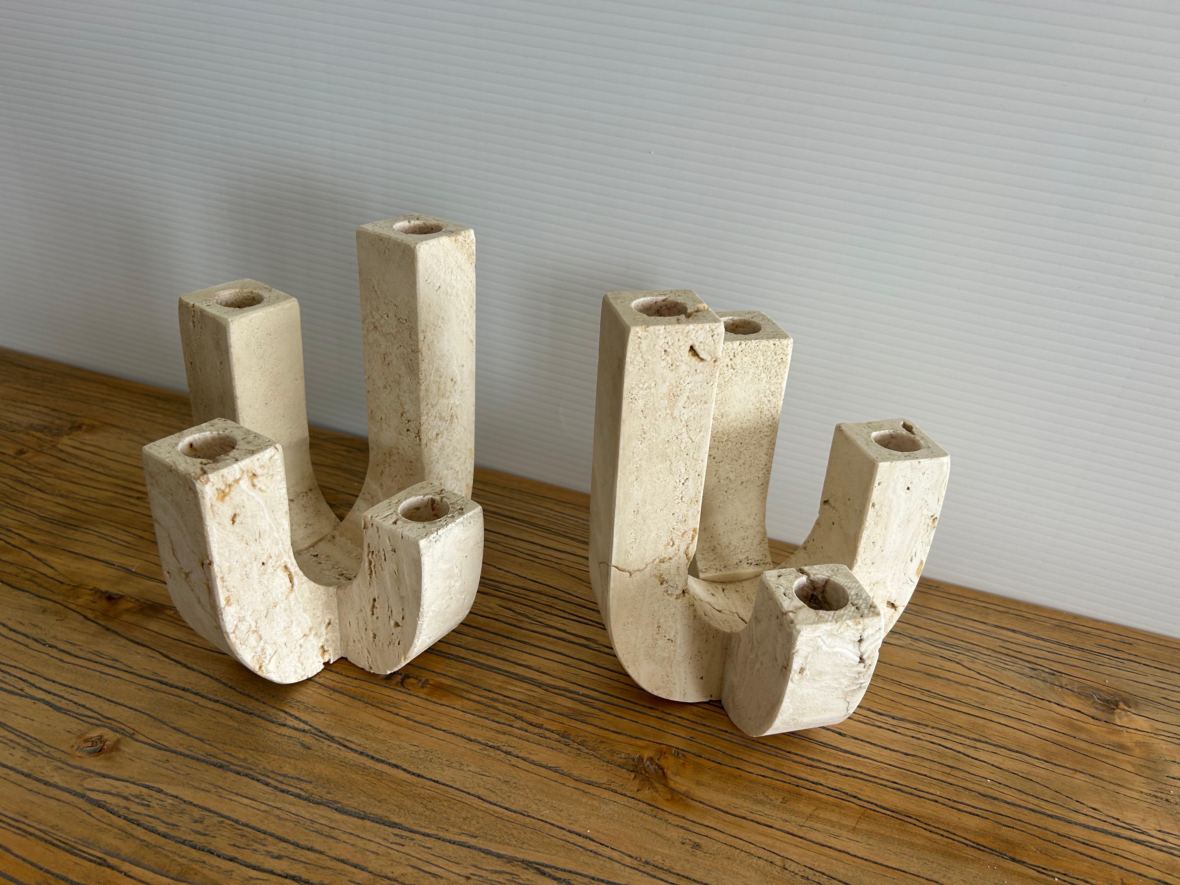 Italian Fratelli Mannelli  A pair  of travertine four arm   Candleholders For Sale