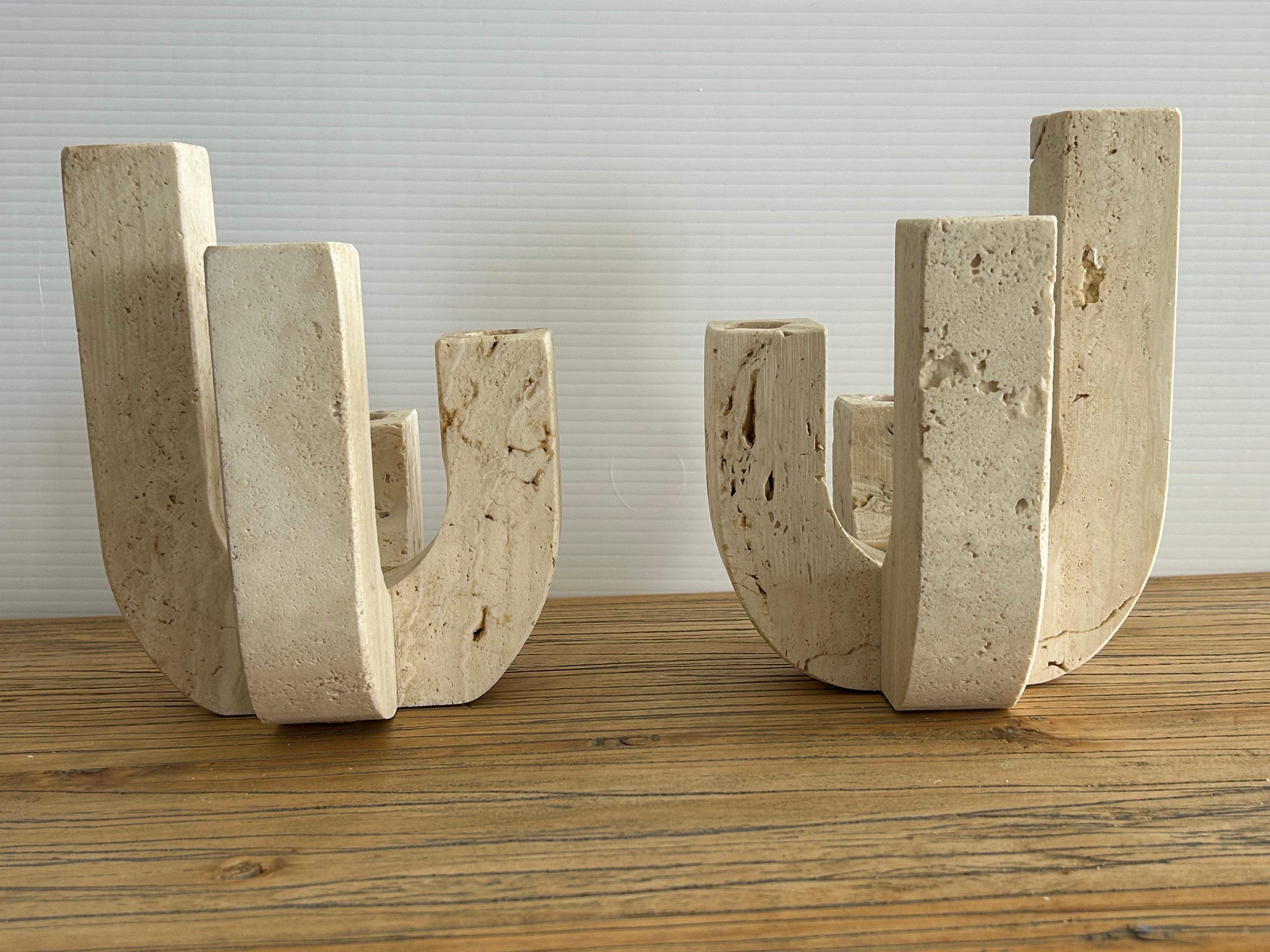Carved Fratelli Mannelli  A pair  of travertine four arm   Candleholders For Sale