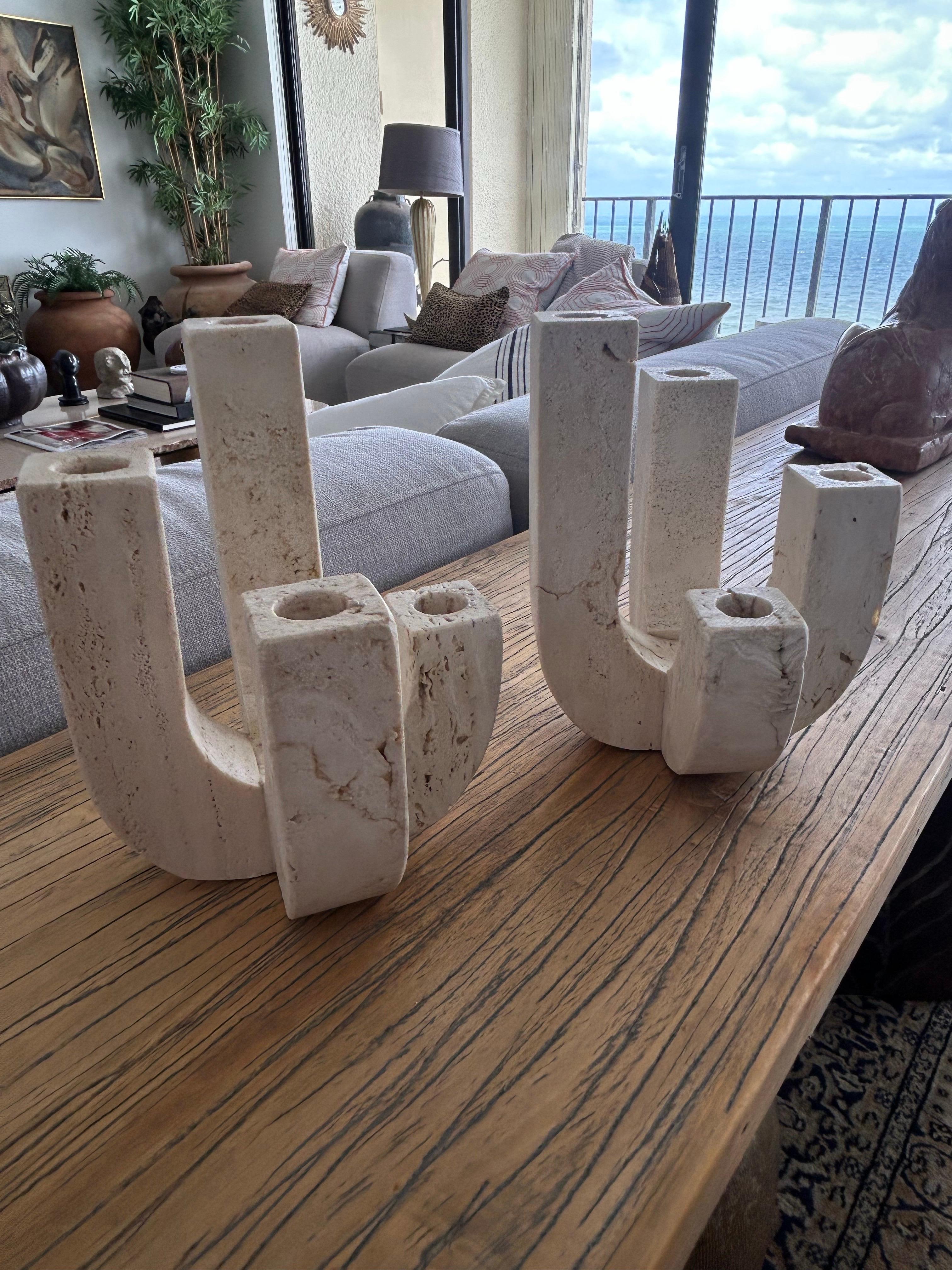 Fratelli Mannelli  A pair  of travertine four arm   Candleholders In Good Condition For Sale In West Palm Beach, FL