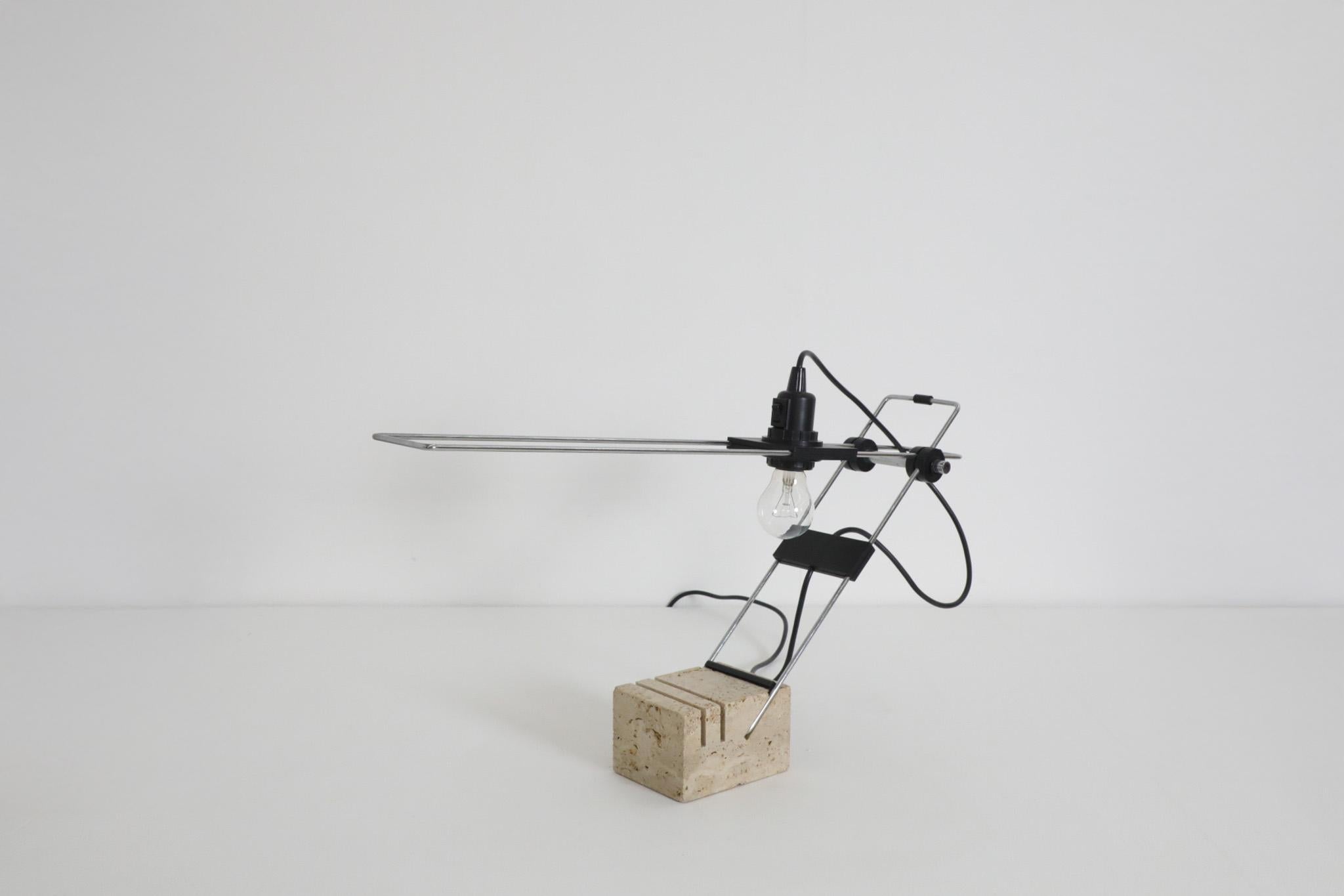 Fratelli Mannelli Italian Travertine and Chrome Table Lamp, 1970s In Good Condition For Sale In Los Angeles, CA