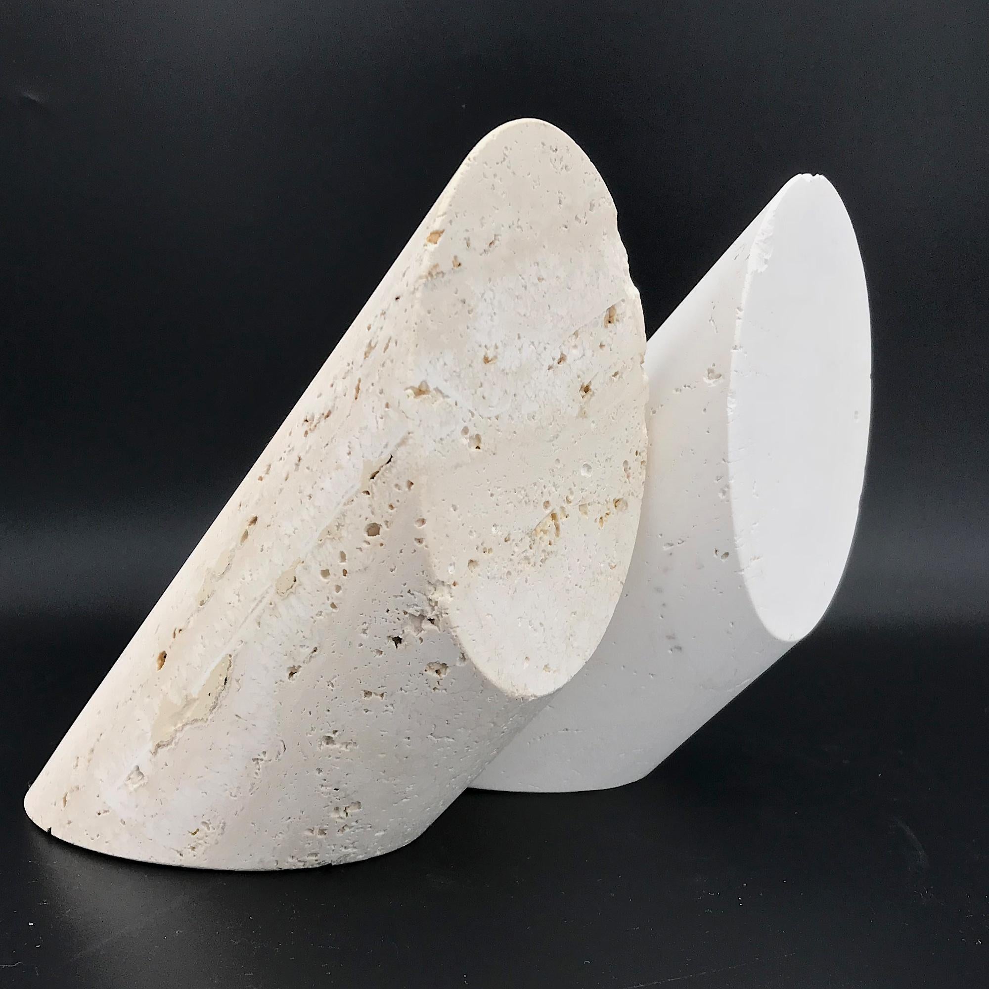 Rare but worn and chipped. Minimalist 1960s Italian stone bookends, form is diagonal cut 4 inch diameter tubes.