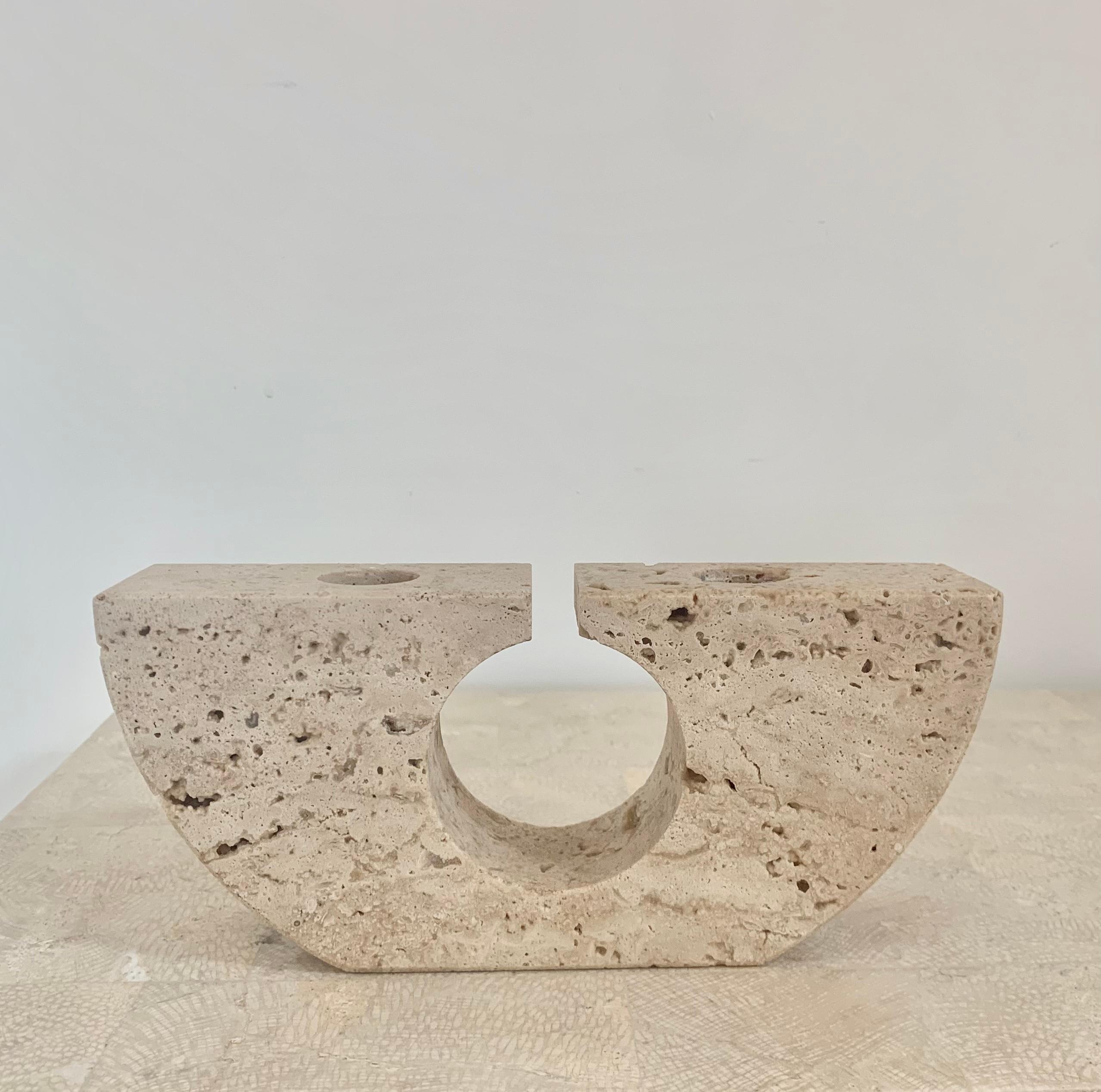Vintage Italian pure travertine double neck candleholder by Fratelli Mannelli, c. early 1970s. Made in Rome and distributed by Lyndon LB as designated on the label which is still intact on the base of piece. Precious and rare. Flawless