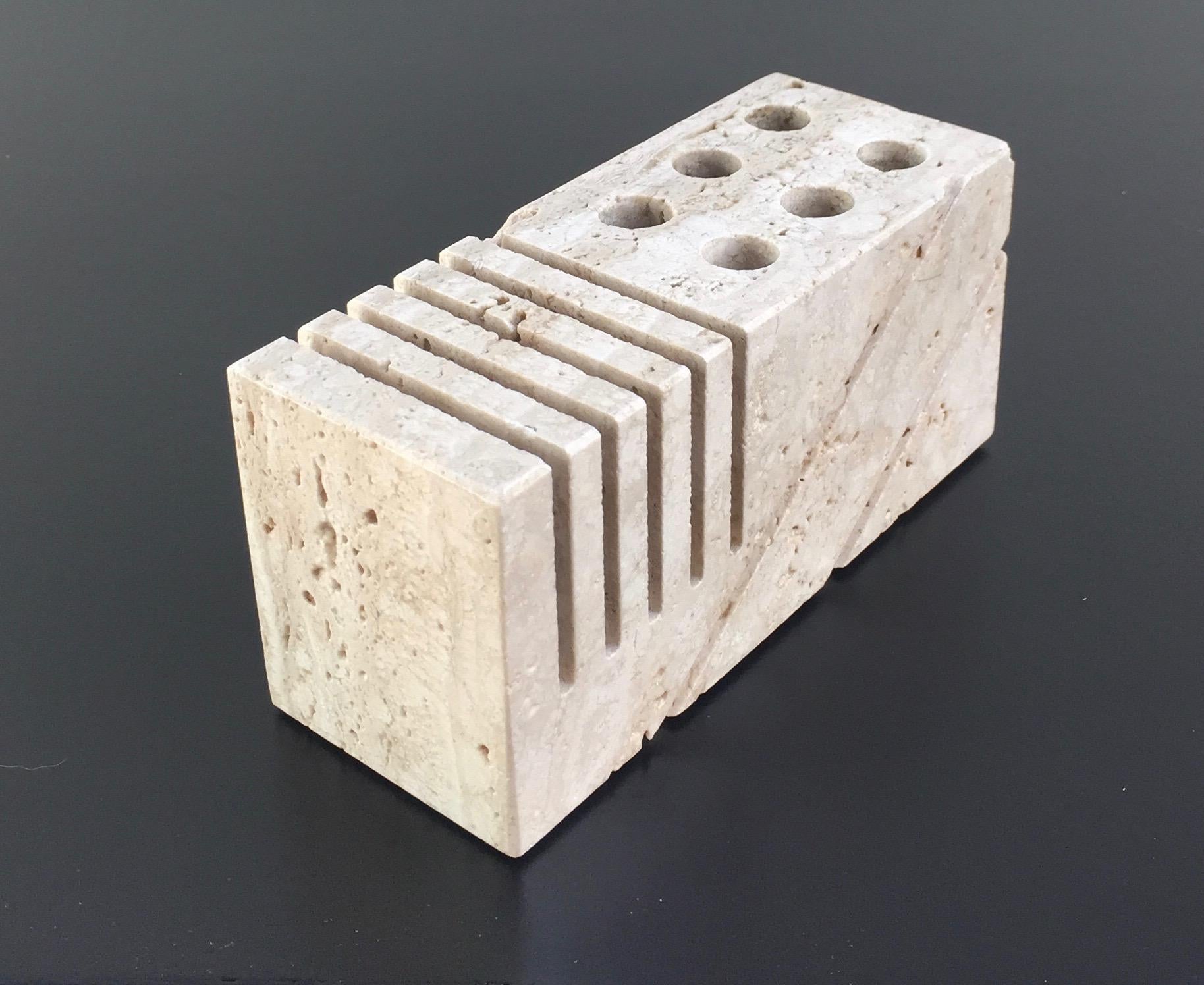 Travertine letter holder also holds pens and pencils and is a beautifully grained travertine with a very natural form.