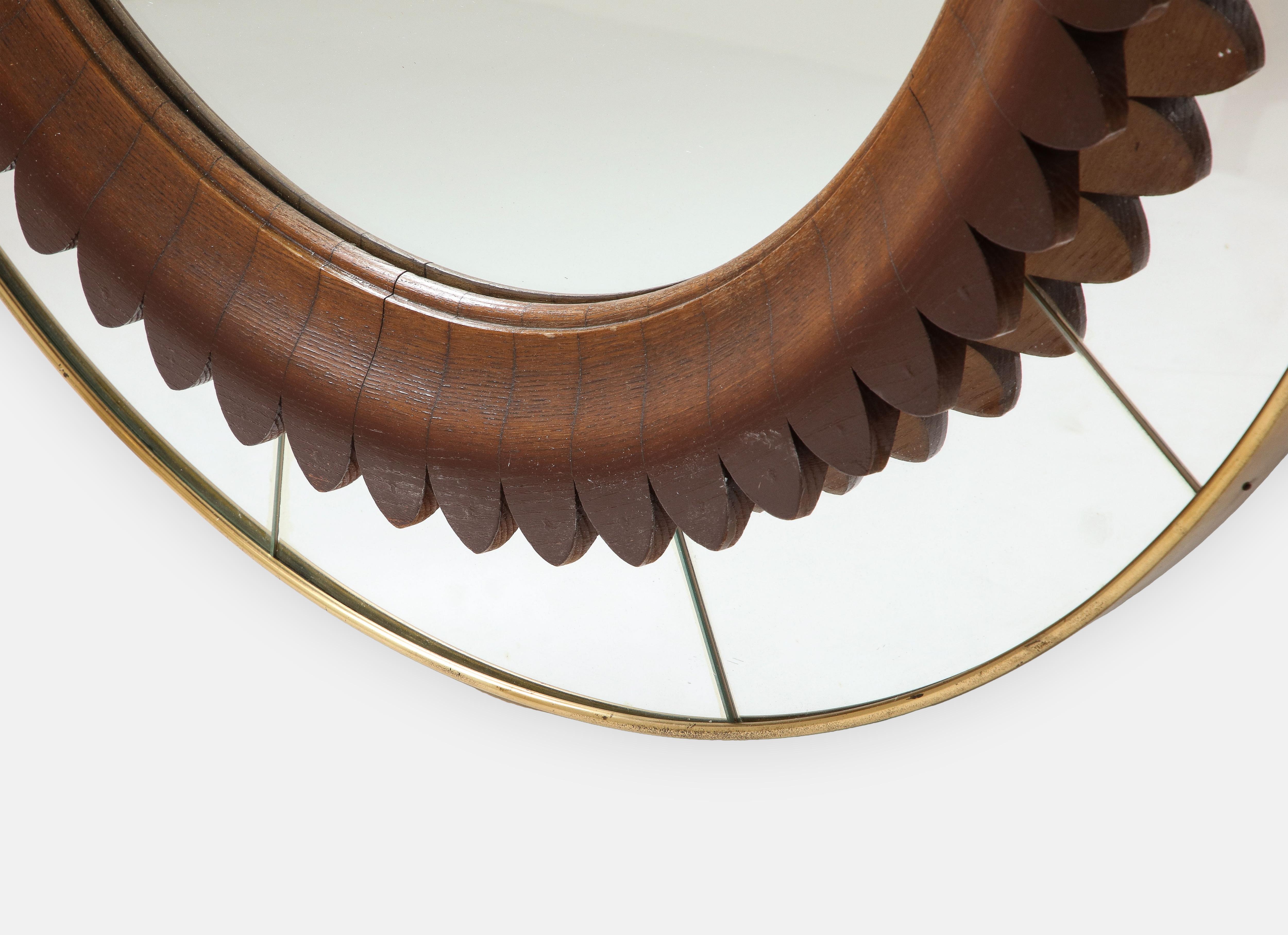 Fratelli Marelli Rare Round Carved Walnut and Brass Wall Mirror, Italy, 1950s For Sale 3