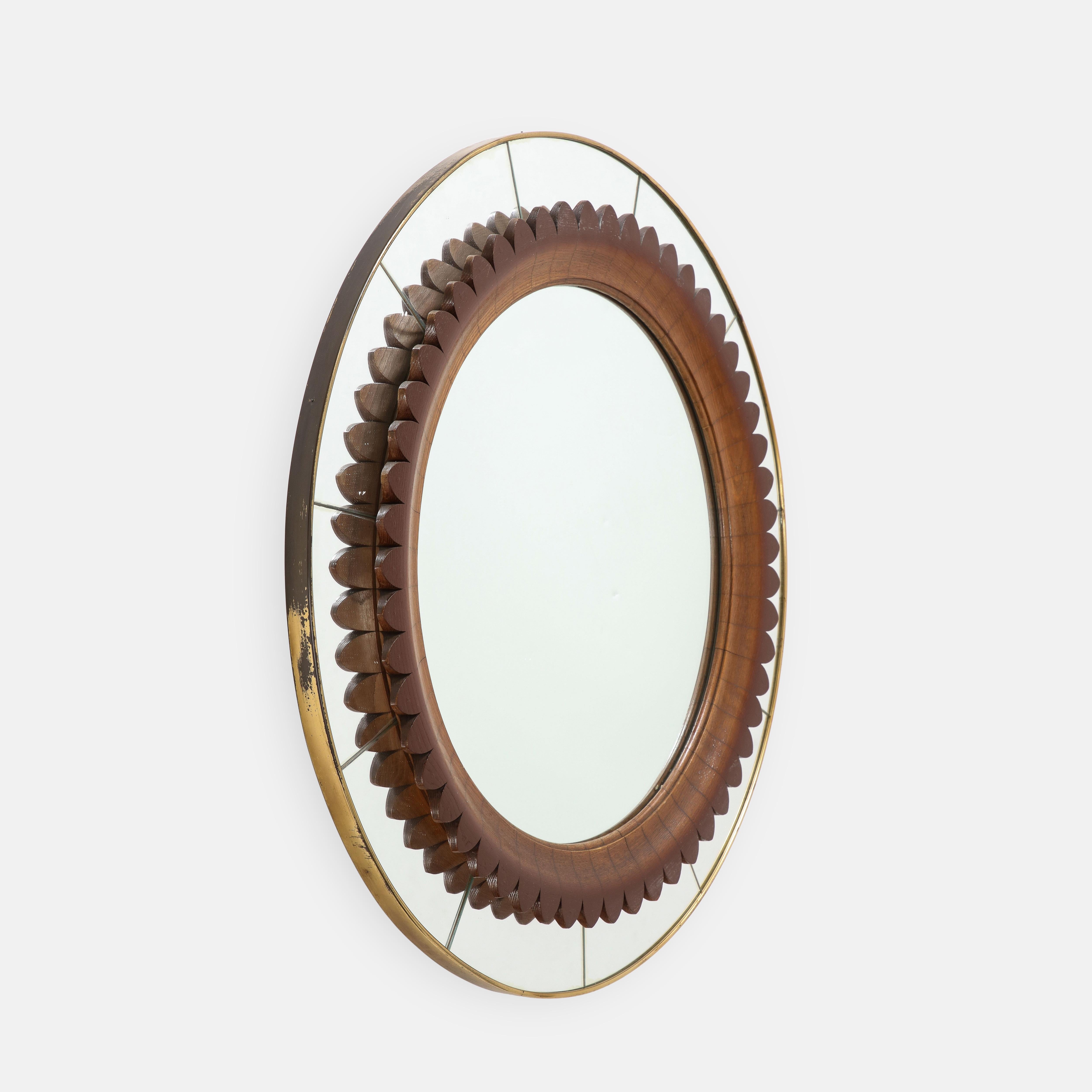 Mid-Century Modern Fratelli Marelli Rare Round Carved Walnut and Brass Wall Mirror, Italy, 1950s For Sale