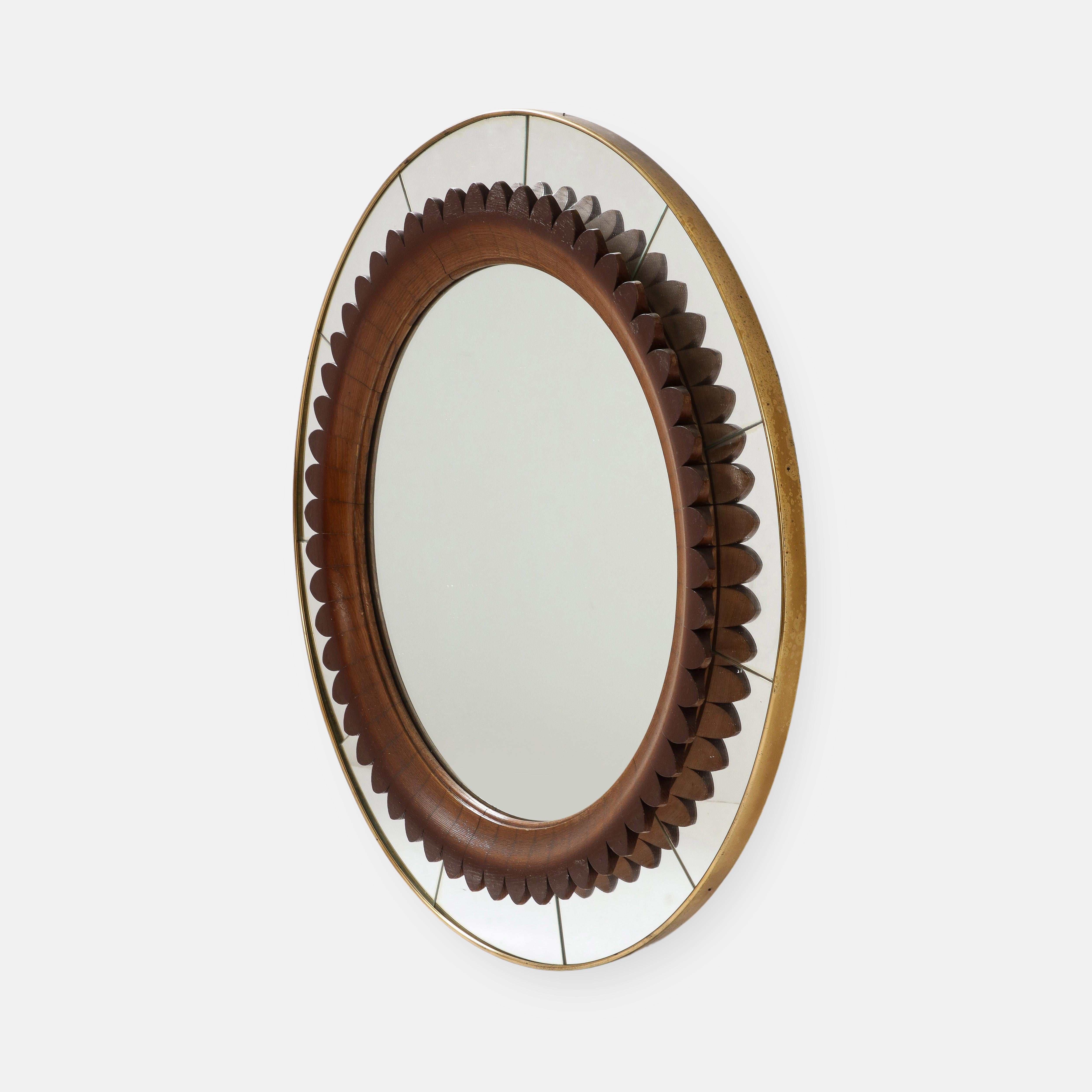Italian Fratelli Marelli Rare Round Carved Walnut and Brass Wall Mirror, Italy, 1950s For Sale