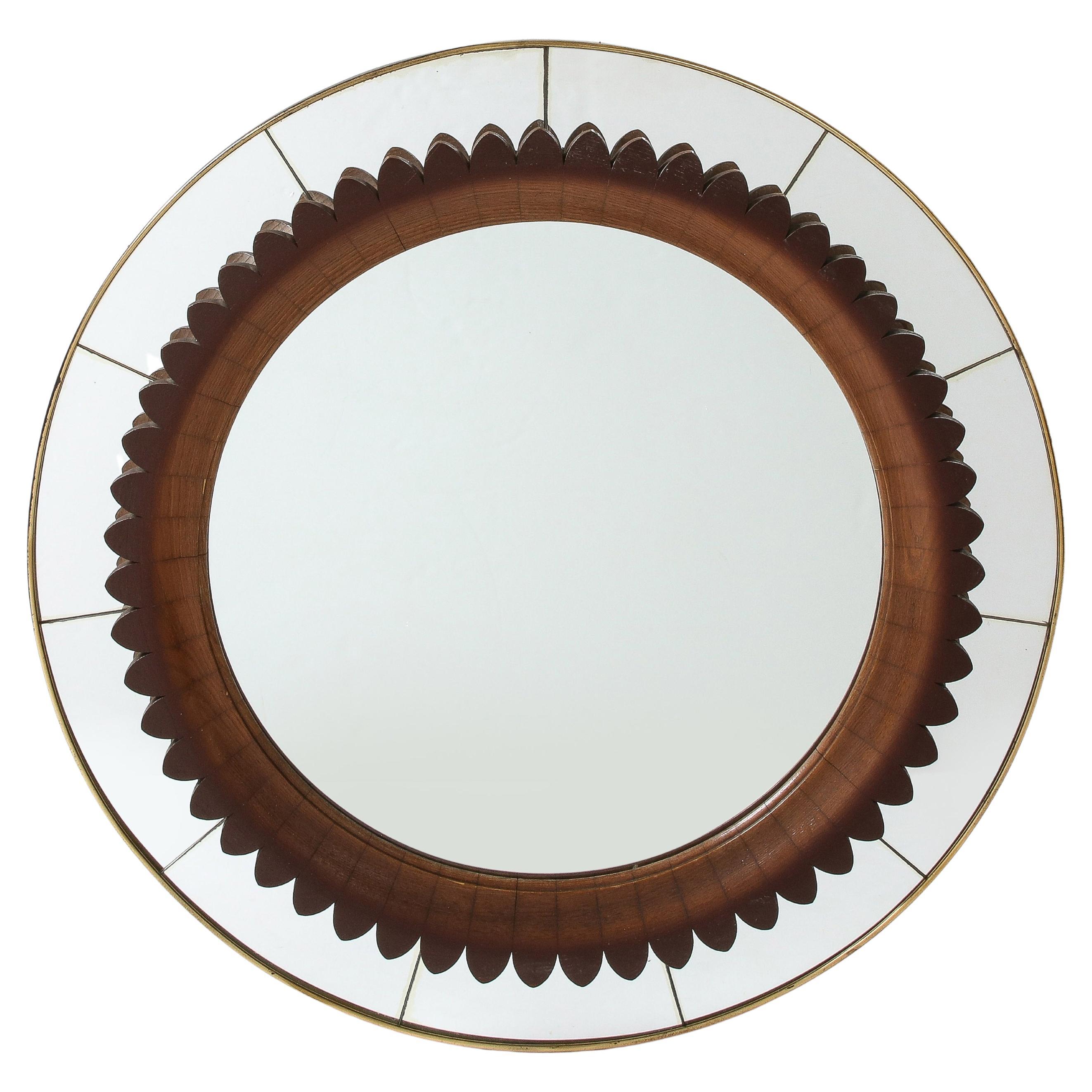 Fratelli Marelli Rare Round Carved Walnut and Brass Wall Mirror, Italy, 1950s