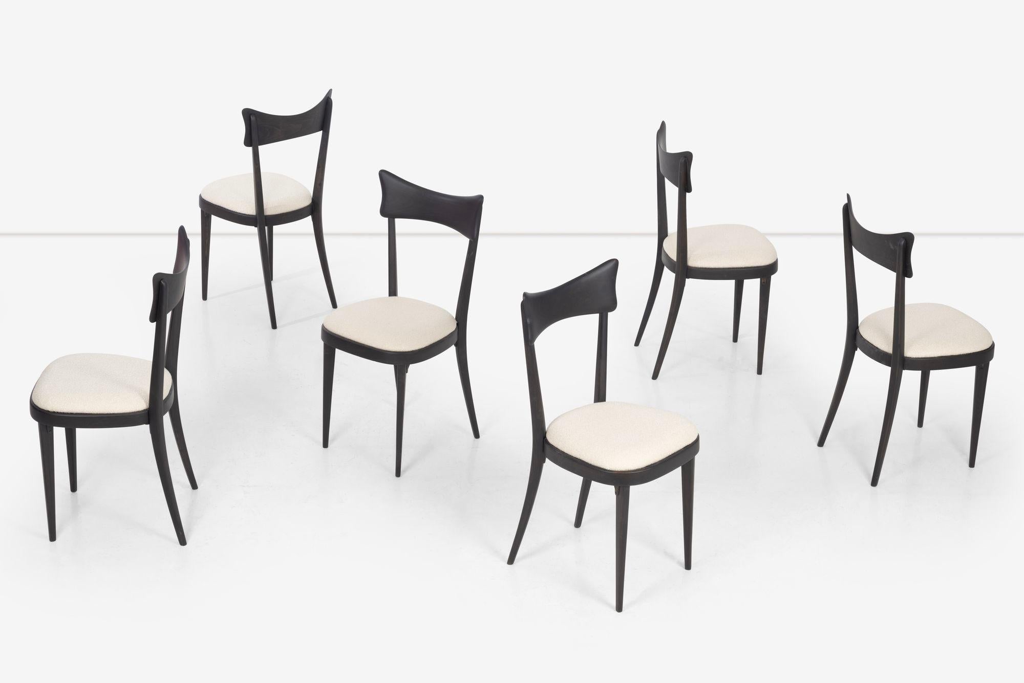 Fratelli Mariani Di Lacceri set of Six Dining Chairs,
Restored Itailian Walnut frames in black lacquer with matte finish, seats replaced with 
knottier boucle underside label intact and preserved [Fratelli Mariani Di Lacceri Fabbrica]
Seat height