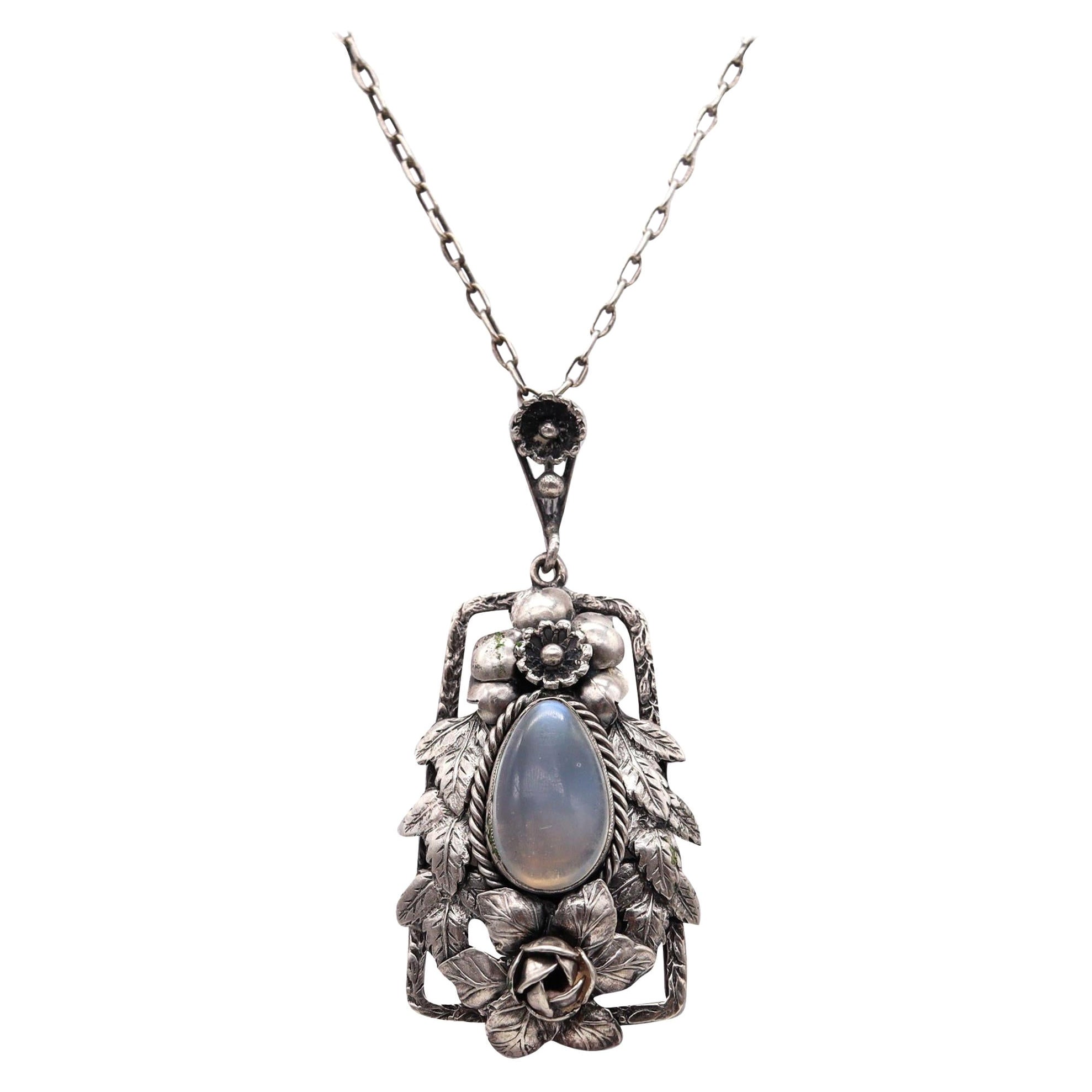 Fratelli Peruzzi 1920 Florenz Jugendstil Halskette Sterling Silber & Mondstein