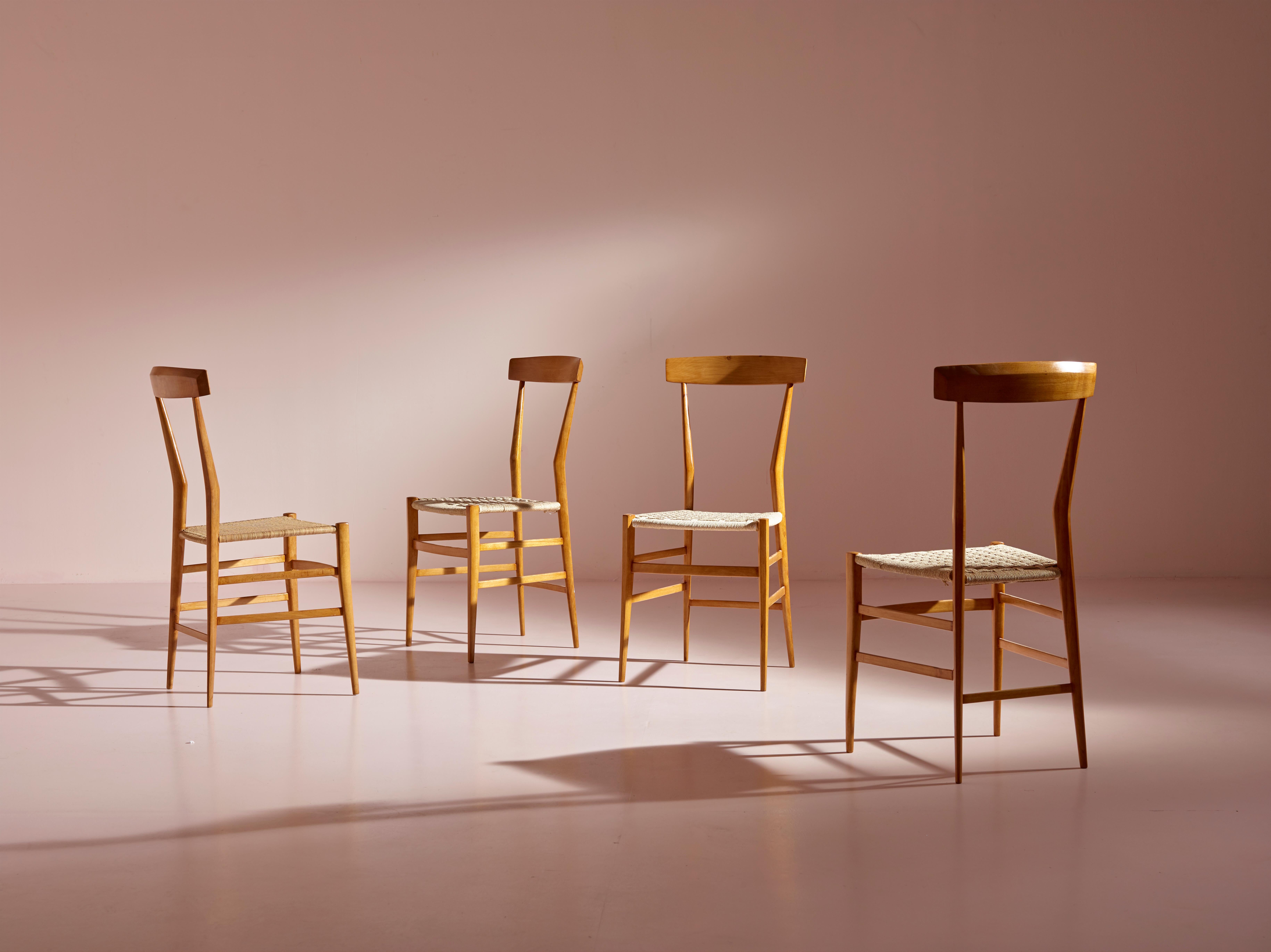 A set of 4 mid-century Chiavari high back chairs, Model P5, crafted by Fratelli Podestà in the 1970s.

These chairs, made from ash wood and cane, showcase the hallmarks of Chiavari chair design with their light yet sturdy build. What sets the P5