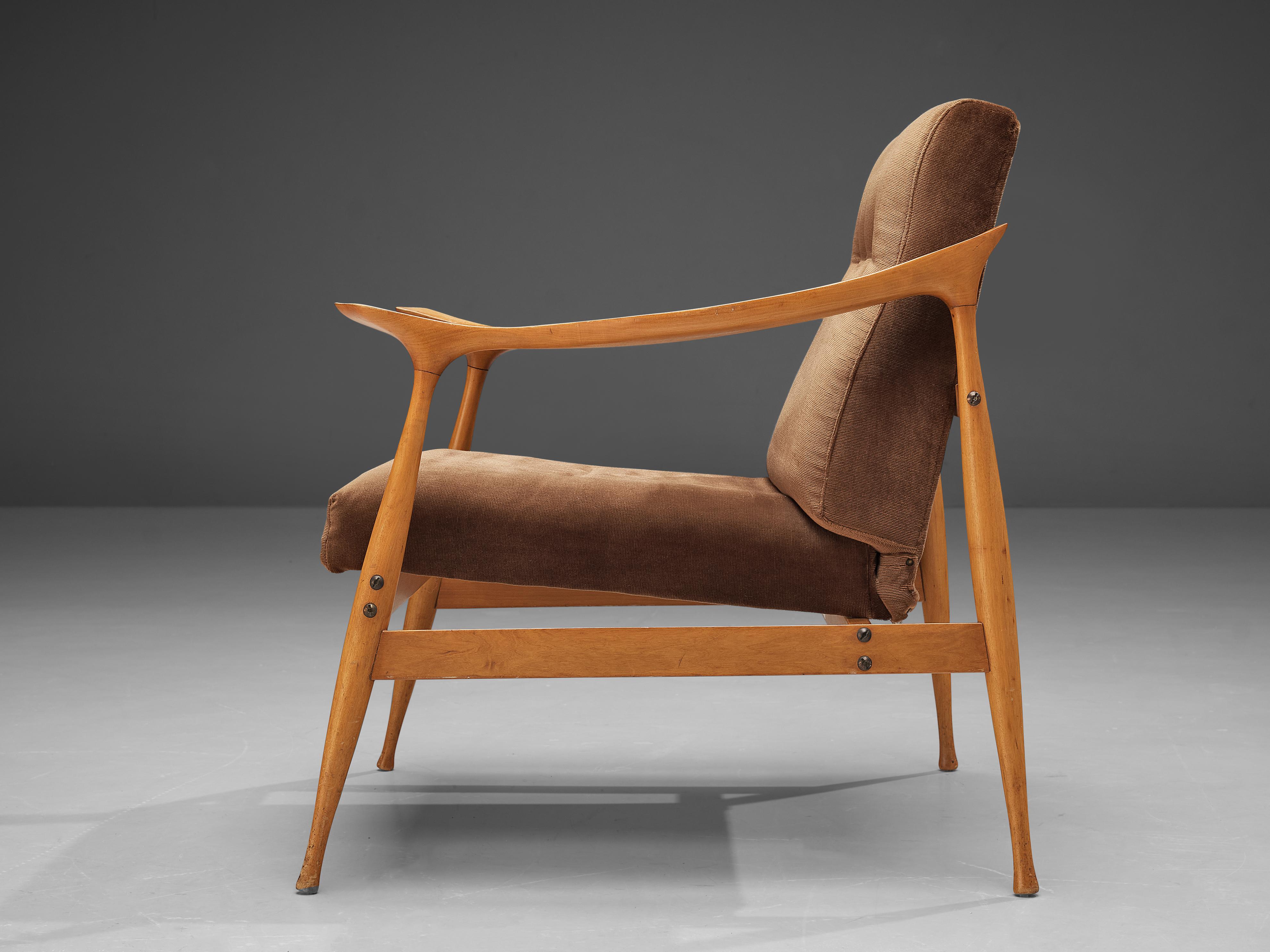 Mid-Century Modern Fratelli Reguitti 'Lord' Lounge Chair in Walnut and Brown Velvet Upholstery