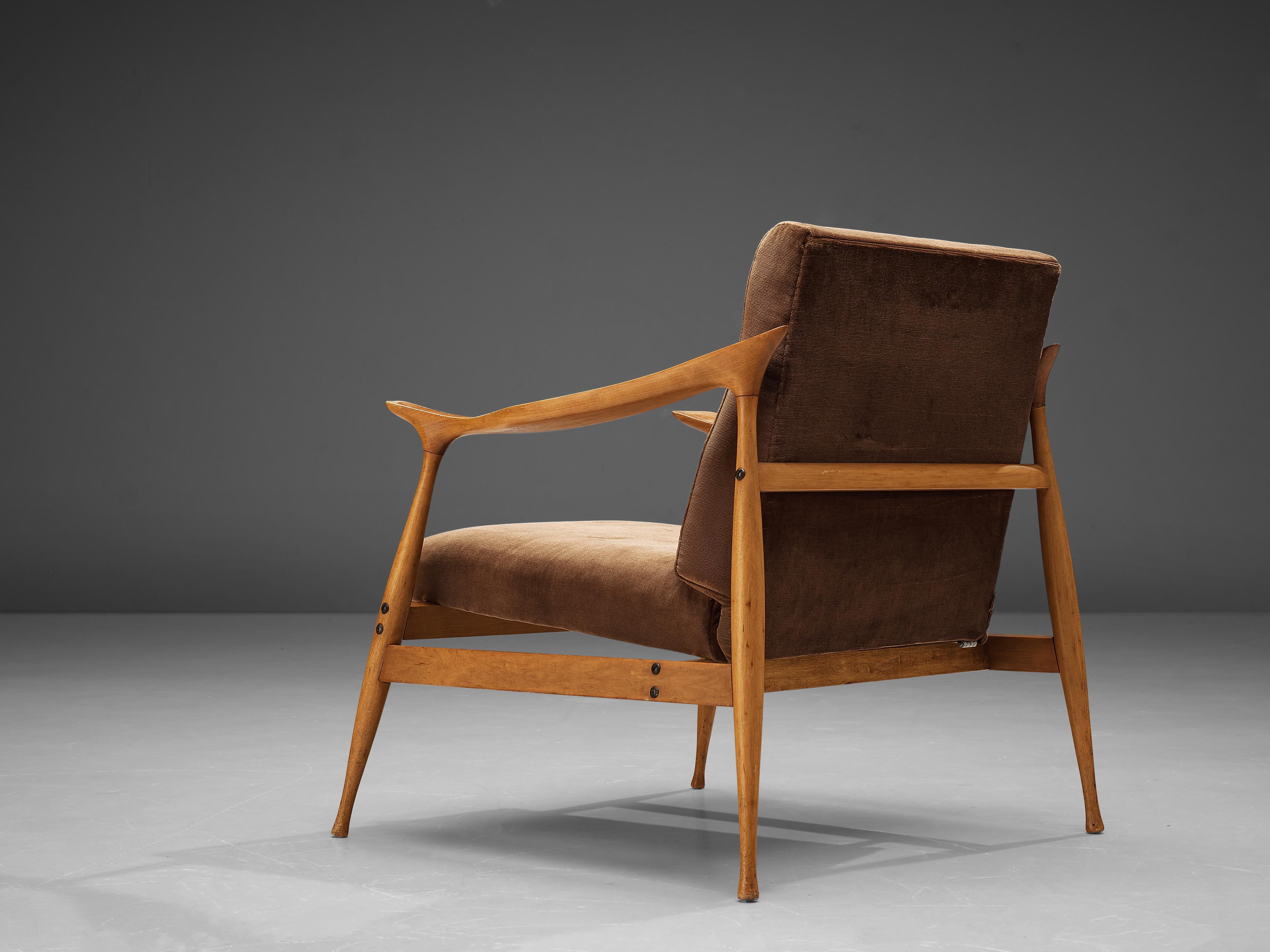 Italian Fratelli Reguitti 'Lord' Lounge Chair in Walnut and Brown Velvet Upholstery