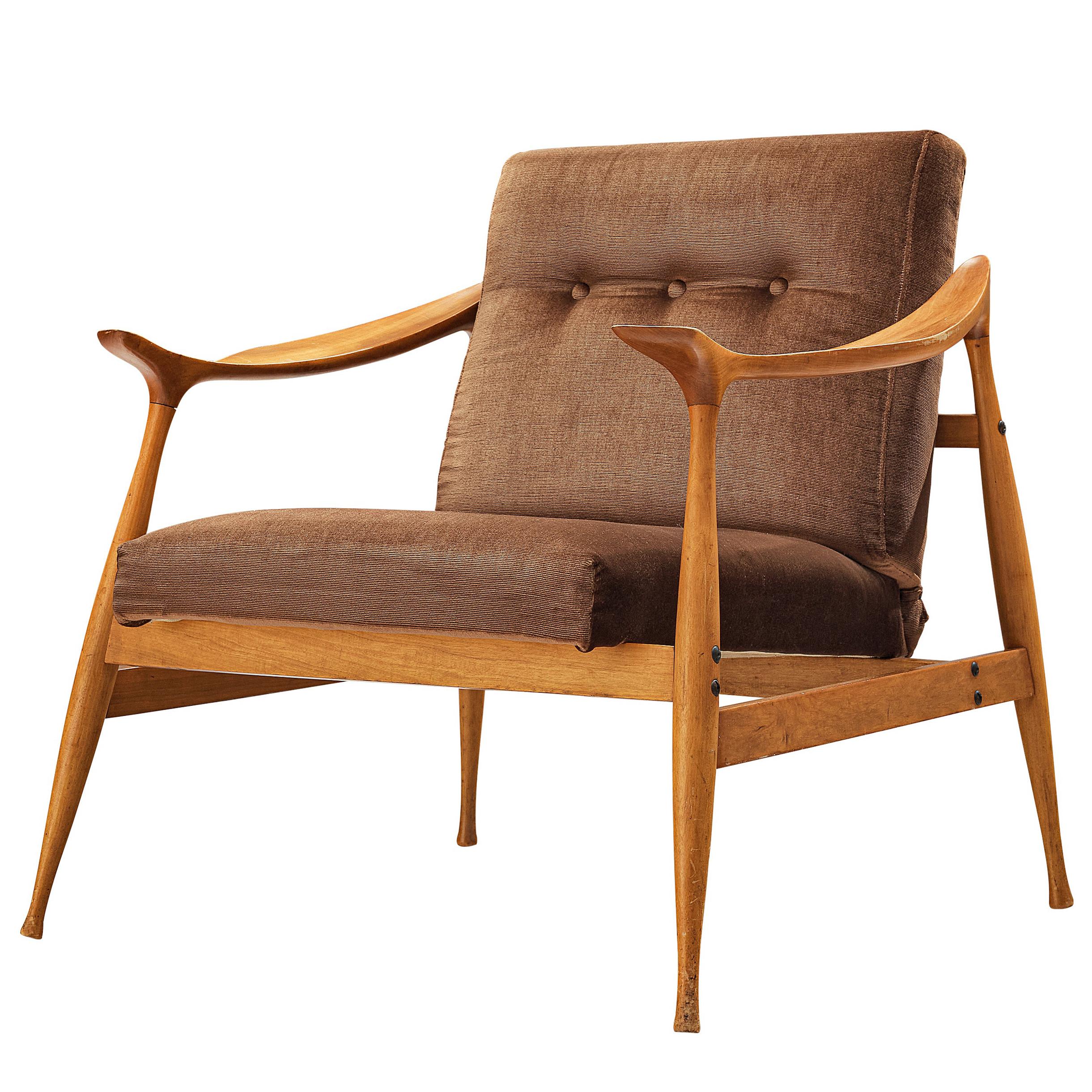 Fratelli Reguitti 'Lord' Lounge Chair in Walnut and Brown Velvet Upholstery