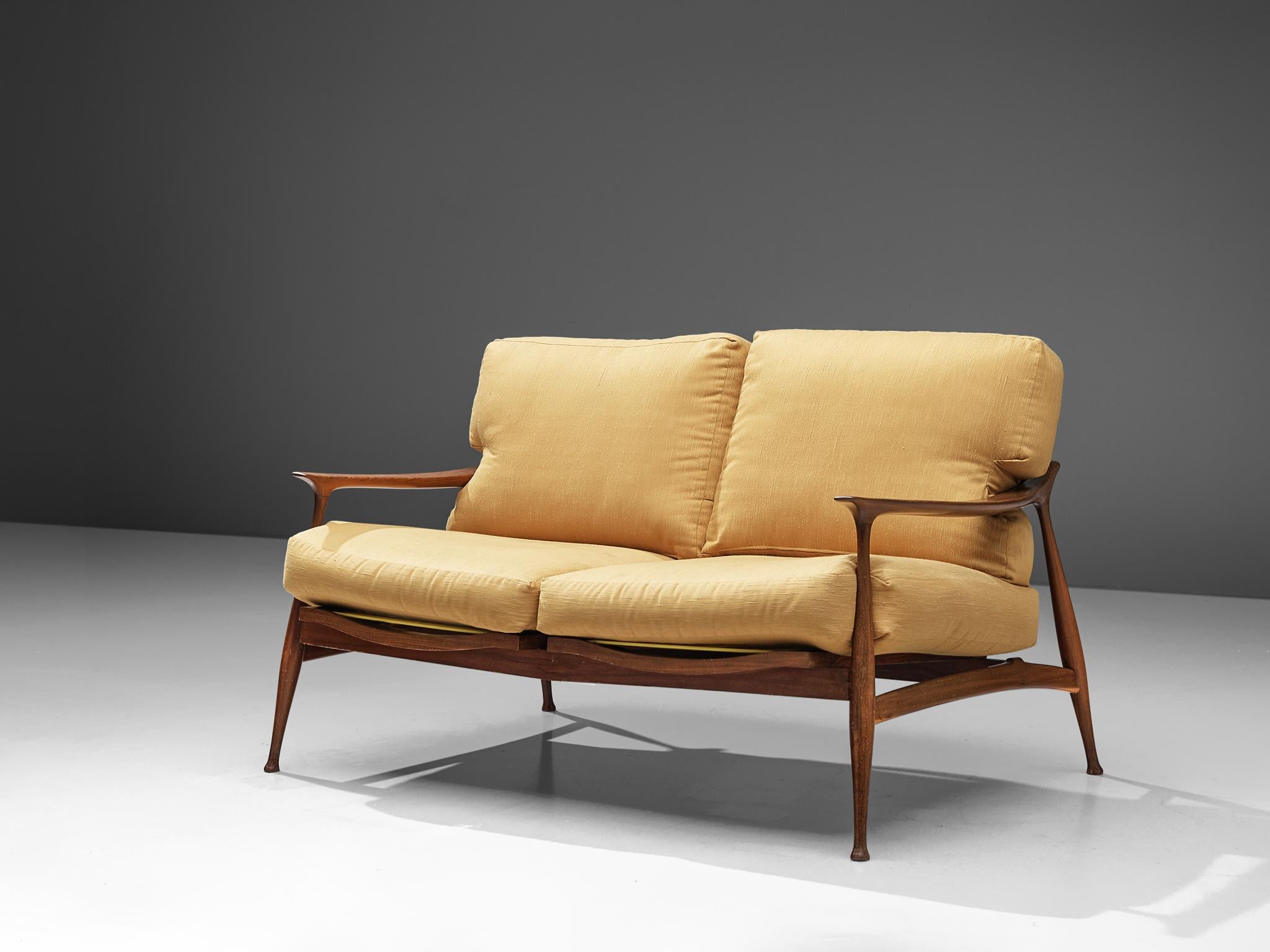 Italian Fratelli Reguitti Sofa Model 'Lord' in Walnut and Yellow Fabric Upholstery