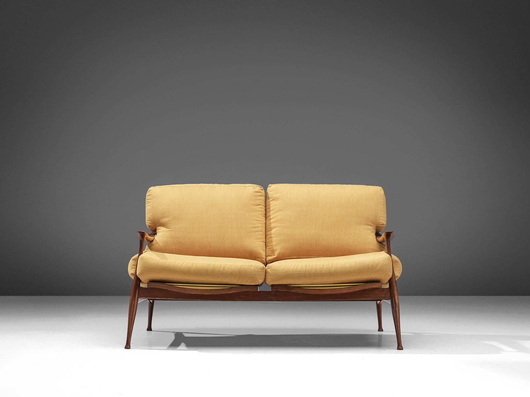 Mid-20th Century Fratelli Reguitti Sofa Model 'Lord' in Walnut and Yellow Fabric Upholstery