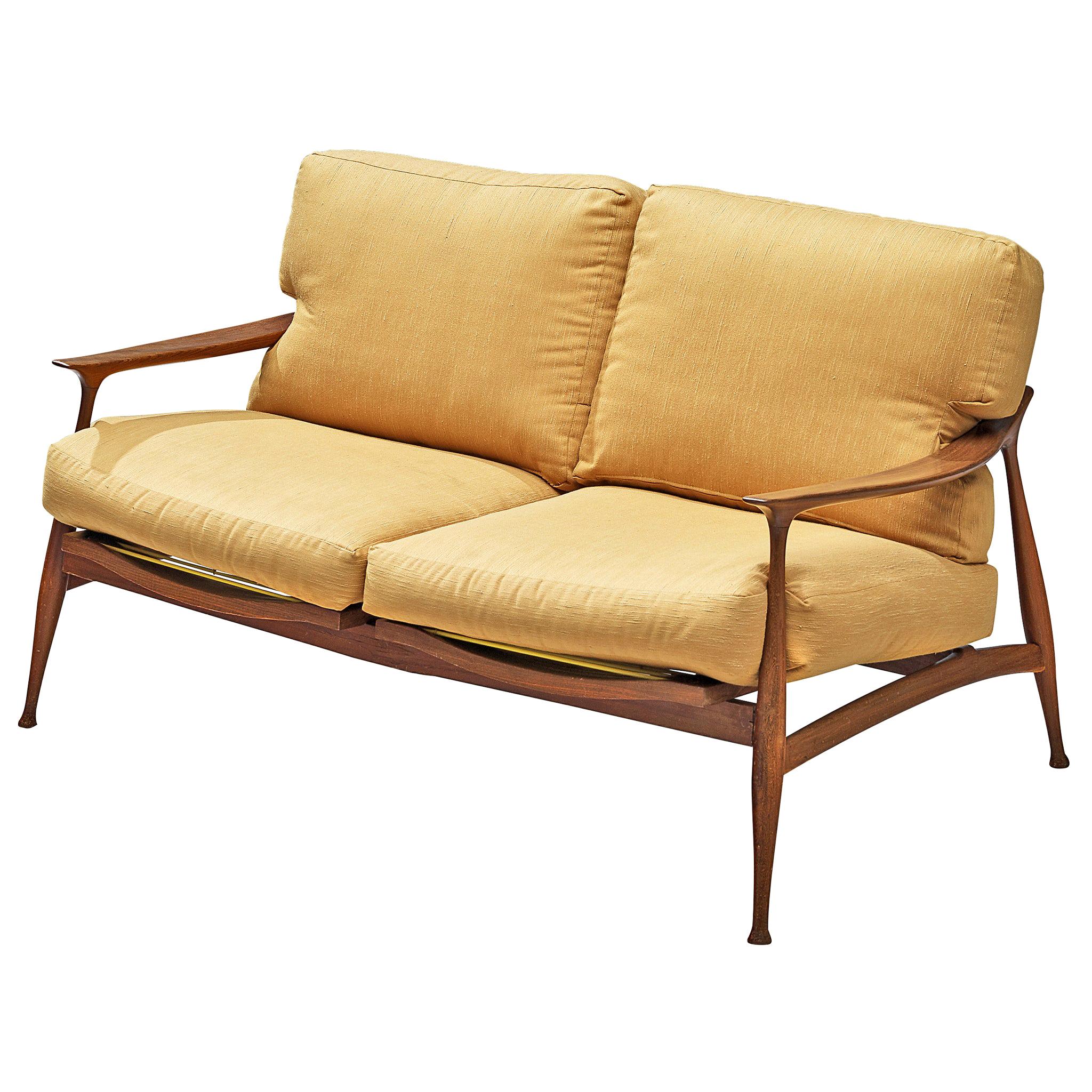 Fratelli Reguitti Sofa Model 'Lord' in Walnut and Yellow Fabric Upholstery