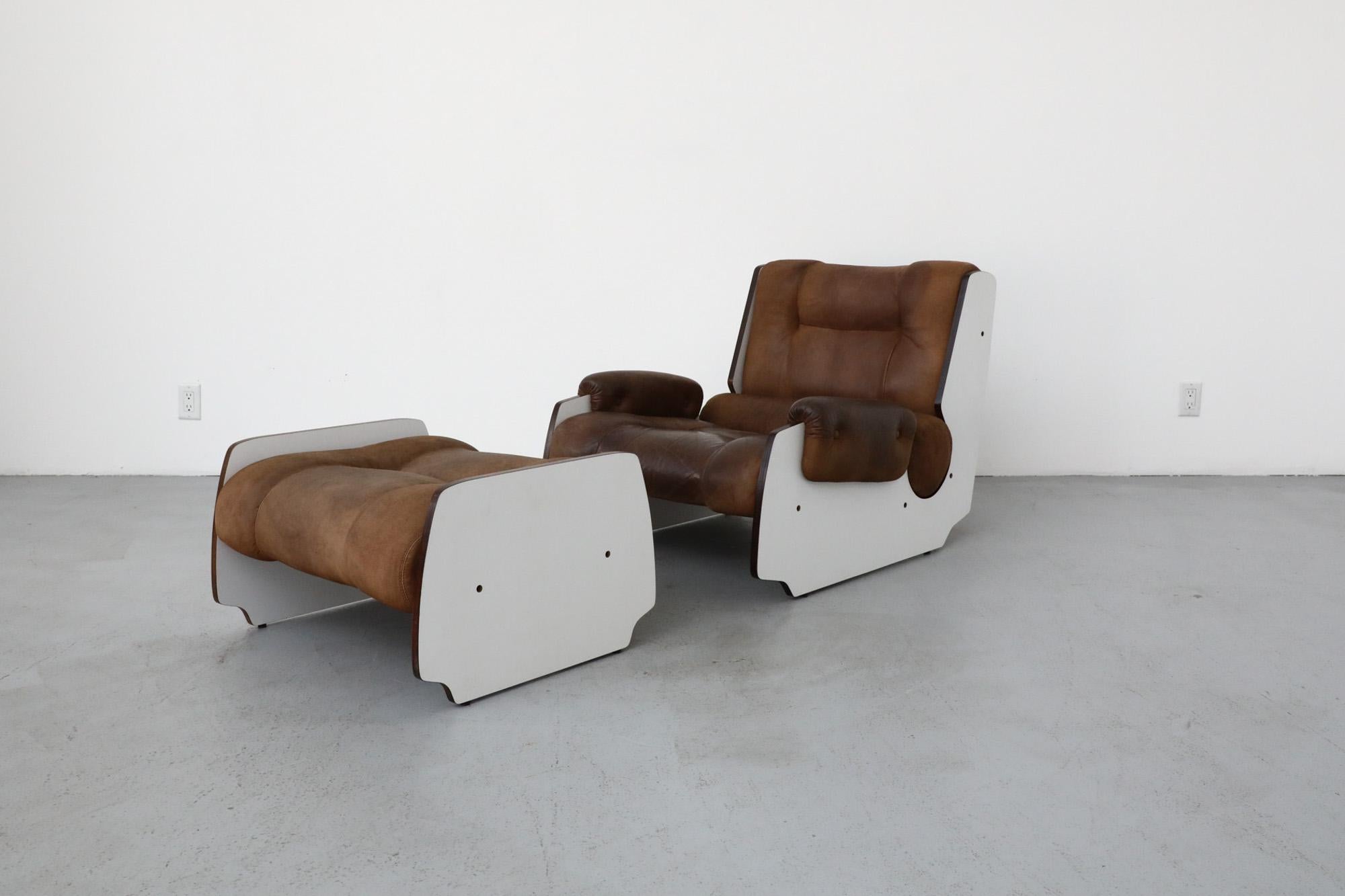 Mid-Century Simmons brown buck leather and panel framed lounge chair, with ottoman, 1960/70s. Beautiful patina on leather, unique design. Ottoman measures  27.325
