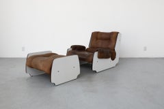 Fratelli Reguitti Style Brown Leather and Panel Framed Lounge Chair and Ottoman