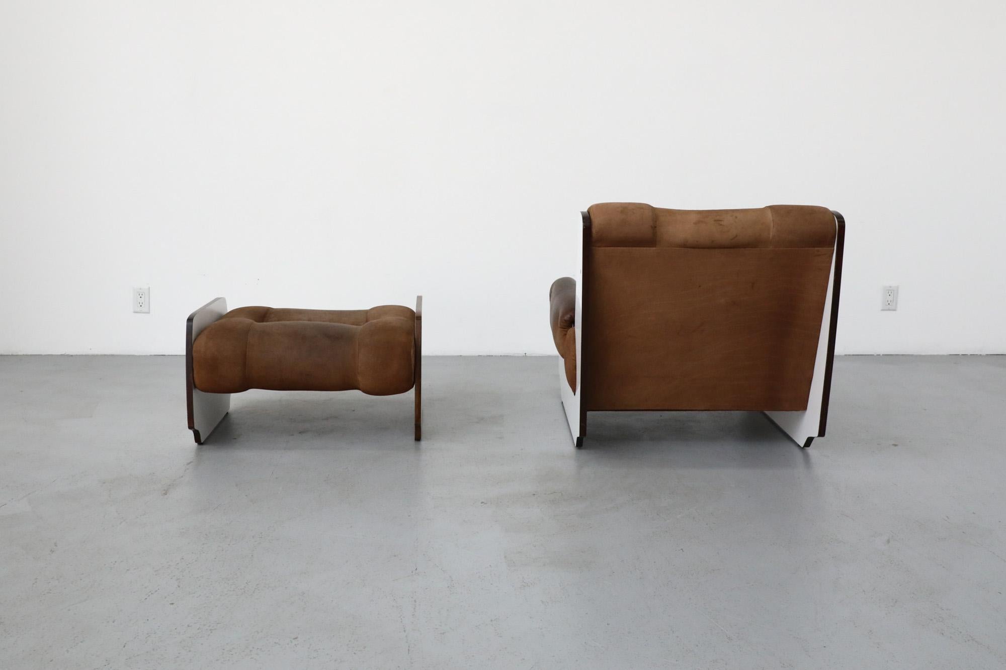 Fratelli Reguitti Style Brown Leather and Panel Framed Lounge Chair and Ottoman For Sale 1