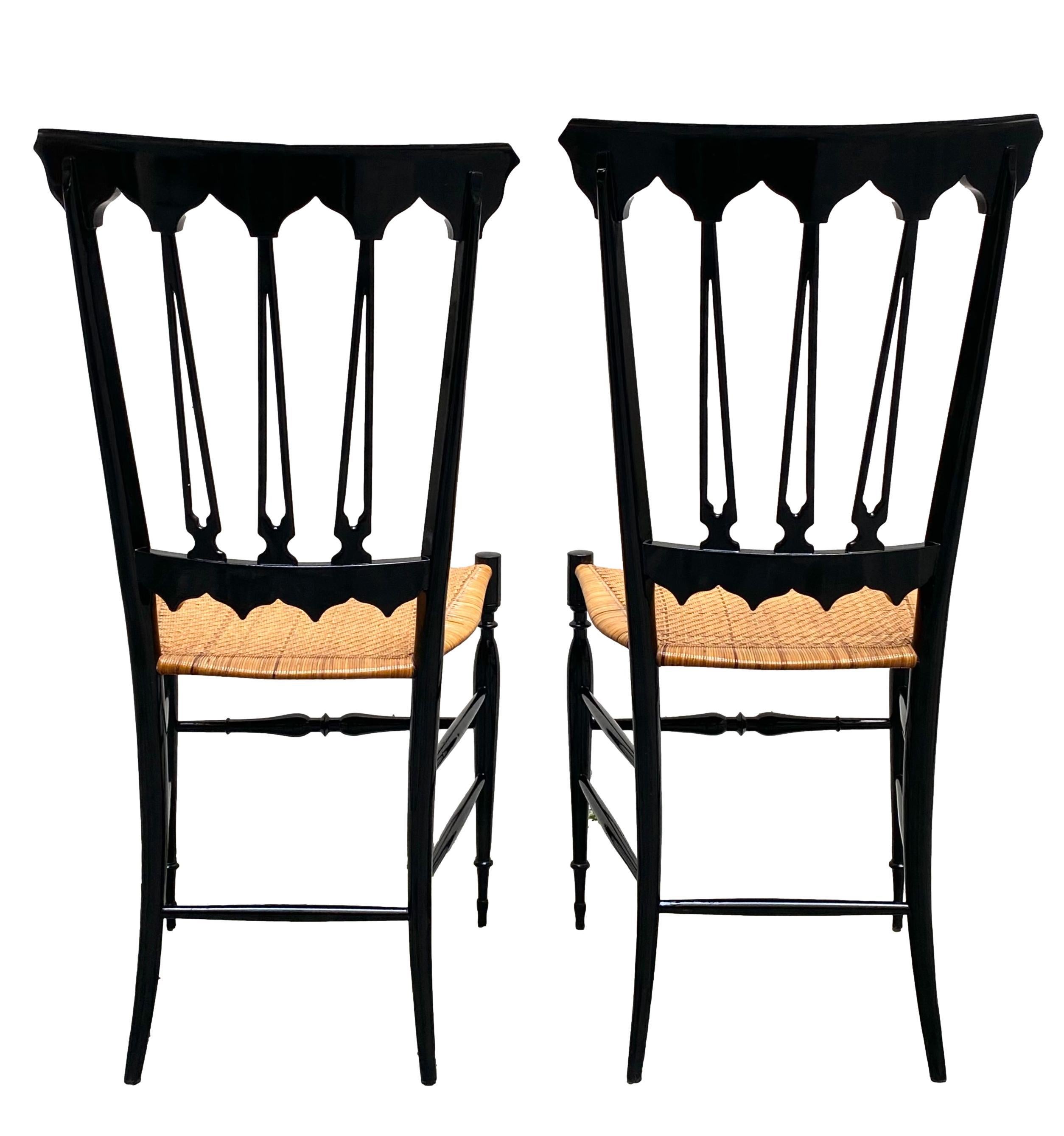 Mid-Century Modern Fratelli Sanguineti Pair of Black Wood and Wicker Chairs, Italy 1950s