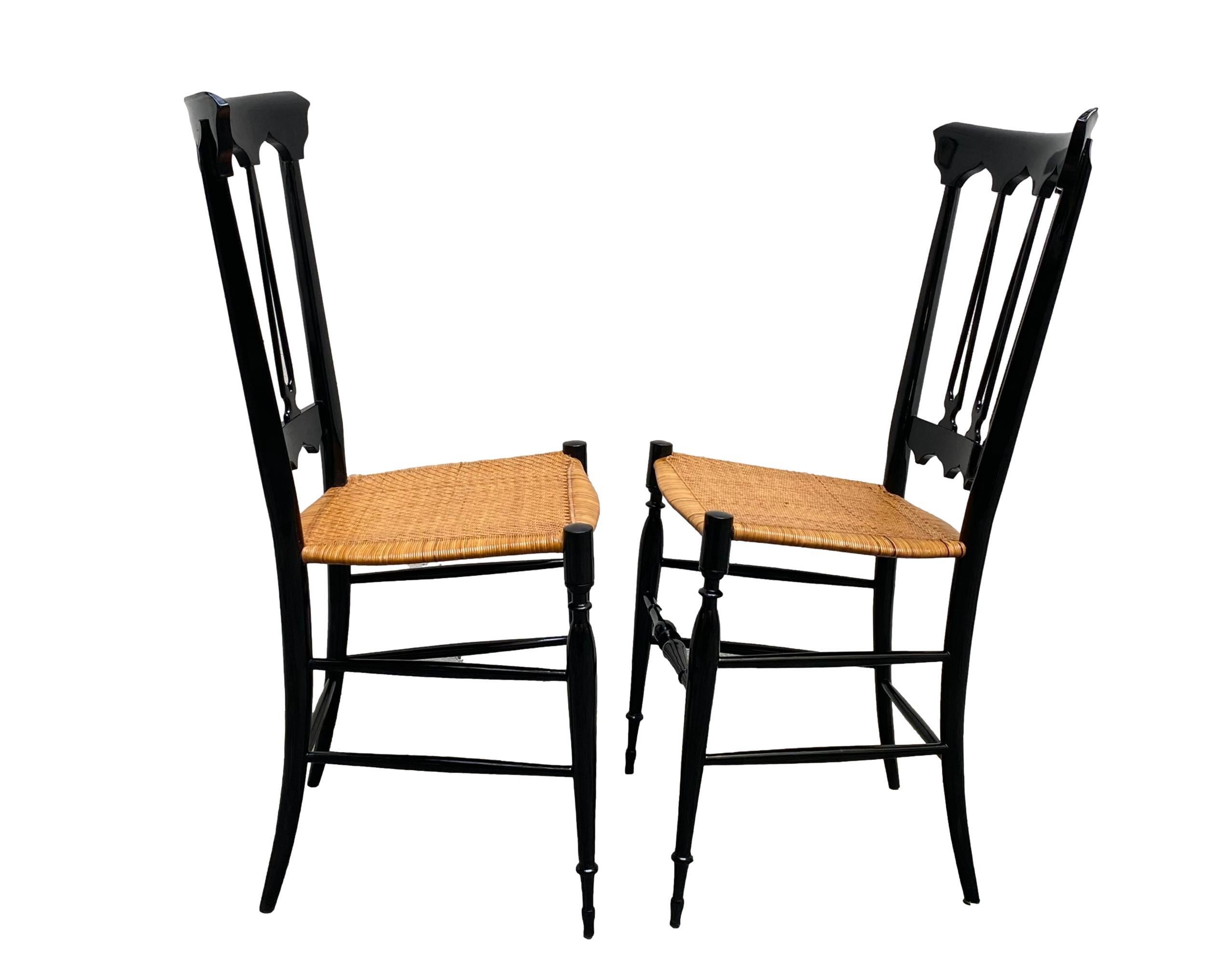 Italian Fratelli Sanguineti Pair of Black Wood and Wicker Chairs, Italy 1950s